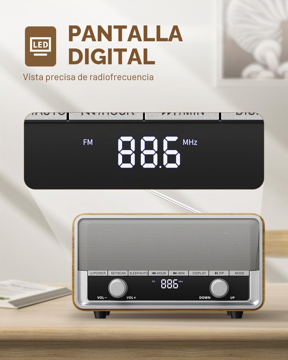 Radio retro AM FM con enchufe de pared digital para dormitorio con pantalla LCD, 40 preajustes, temporizador de apagado, altavoz retro Bluetooth para oficina, gran regalo de madera