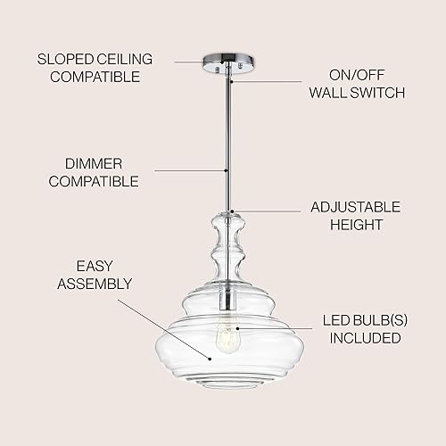 Miniatura 3 de JONATHAN Y JYL6402A Bettina - Colgante de cristal y metal de 13,37 pulgadas, tradicional para cocina, sala de estar, cromado