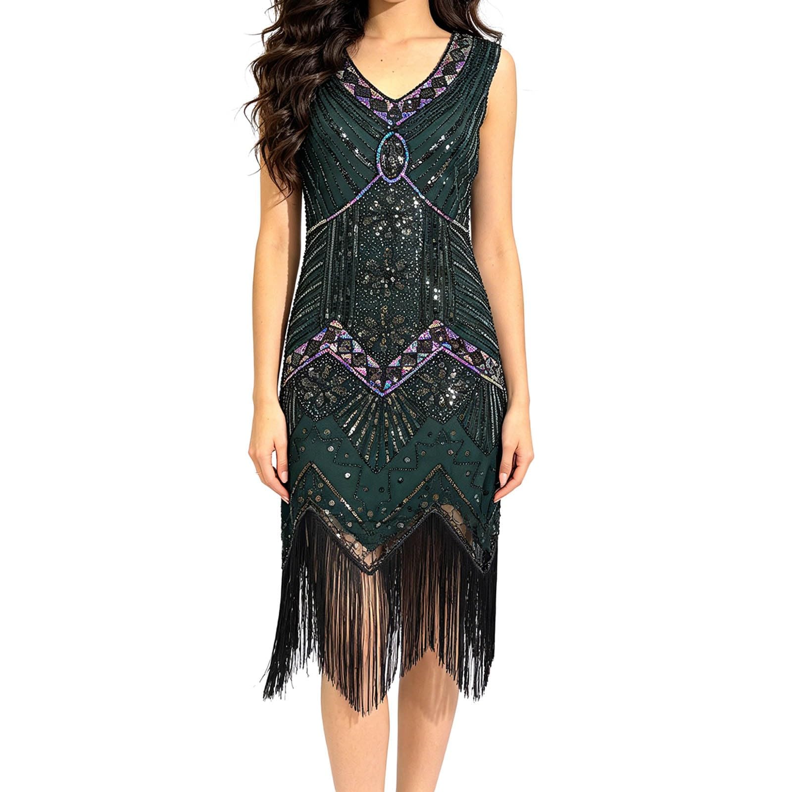 Vestido de mujer de años con flecos, cuello en V, brillante, vestido con lentejuelas, cuello en V, vestido de fantasía, disfraz de Gatsby Charleston de los años 20, vestido de fiesta