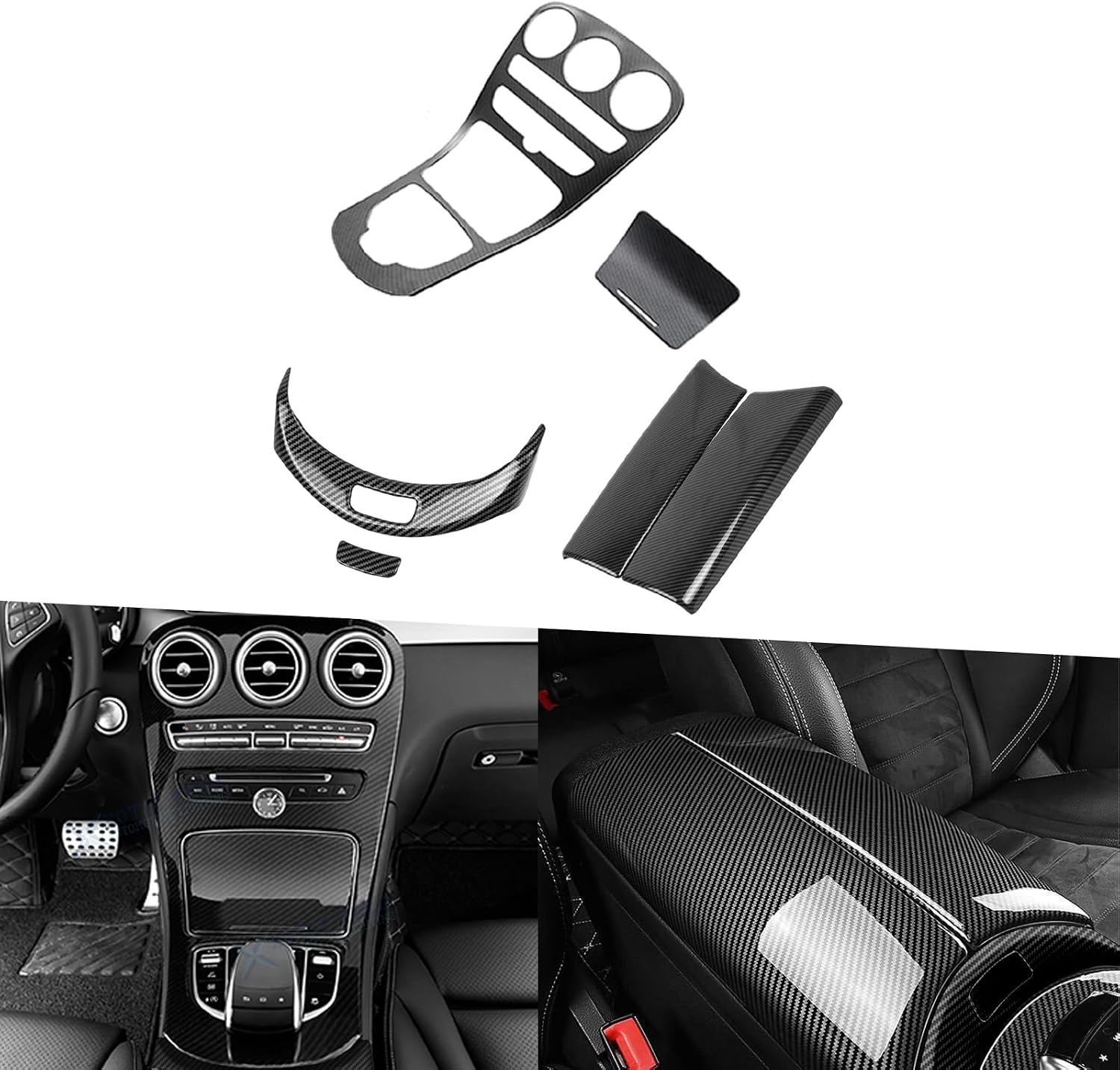 x xotic tech Center Console Gear Shift Frame+Armrest Box Release Button Panel Cover Trim,Carbon Fiber Pattern,Compatible with Mercedes Benz C Class W205 2015-2018,GLC Class W253 2016-2018 (wo/Clock)