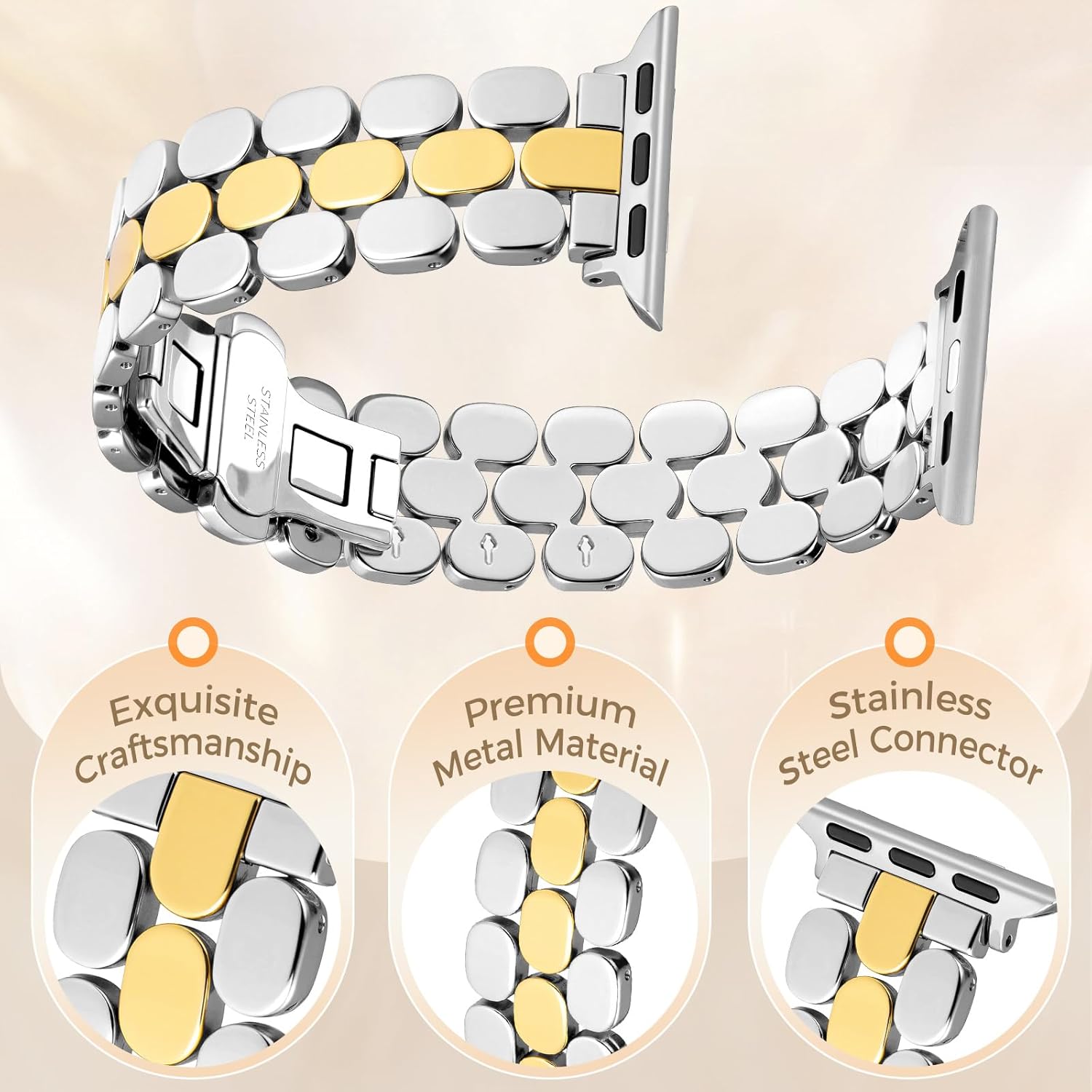 JR.DM Gold Sliver Designer Metal Watch Bands for Women Compatible with Apple Watch 38mm 40mm 41mm 42mm 44mm 45mm 46mm 49mm Adjustable Luxury Dressy Band for iWatch Series SE 11/10/9/8/7/6/5/4/3/2/1