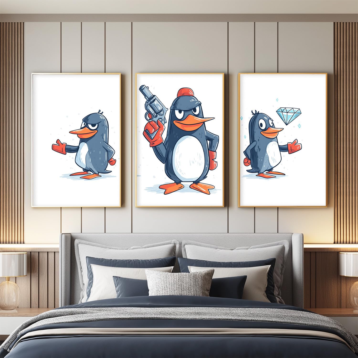 Generisch Amerykańskie obrazy z kreskówek, 3-częściowe, 40 x 50 cm, dekoracja ścienna z pingwinem, słodkie, humorystyczne, zabawne, kapryśne, plakat na płótnie, na parapetówkę, urodziny, rocznicę