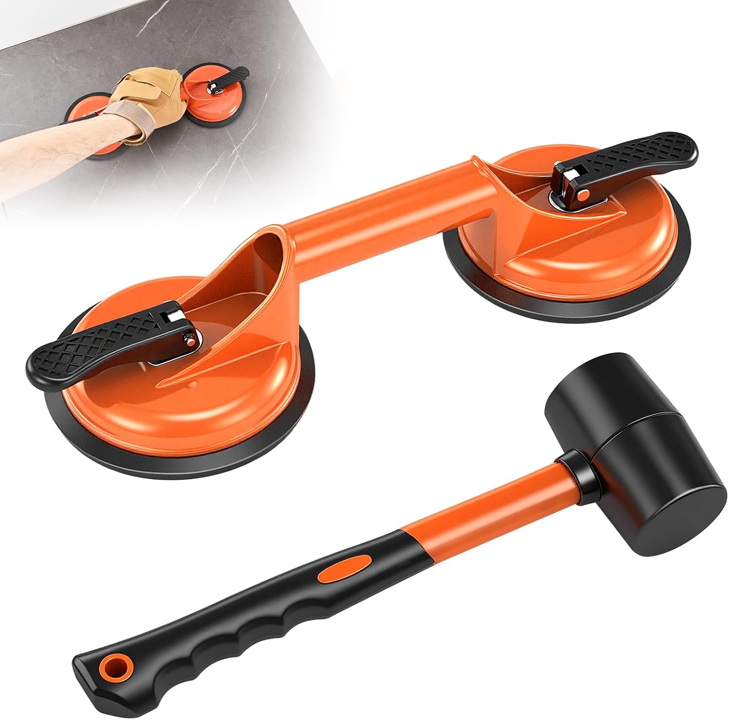 Saker Laminate Floor Gap Repair Tool,Suction Cup Lifter and Rubber Mallet,Floor Gap Repair Kit,for Floating Wood Floors and Moving Glasses (Orange)