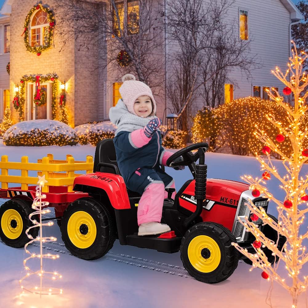 12V Kinder Elektrotraktor mit Anhänger, LED-Scheinwerfer, 2,4G-Fernbedienung, Musik, MP3, USB – Elektroauto ab 3 Jahren – Abnehmbarer Anhänger – Rot