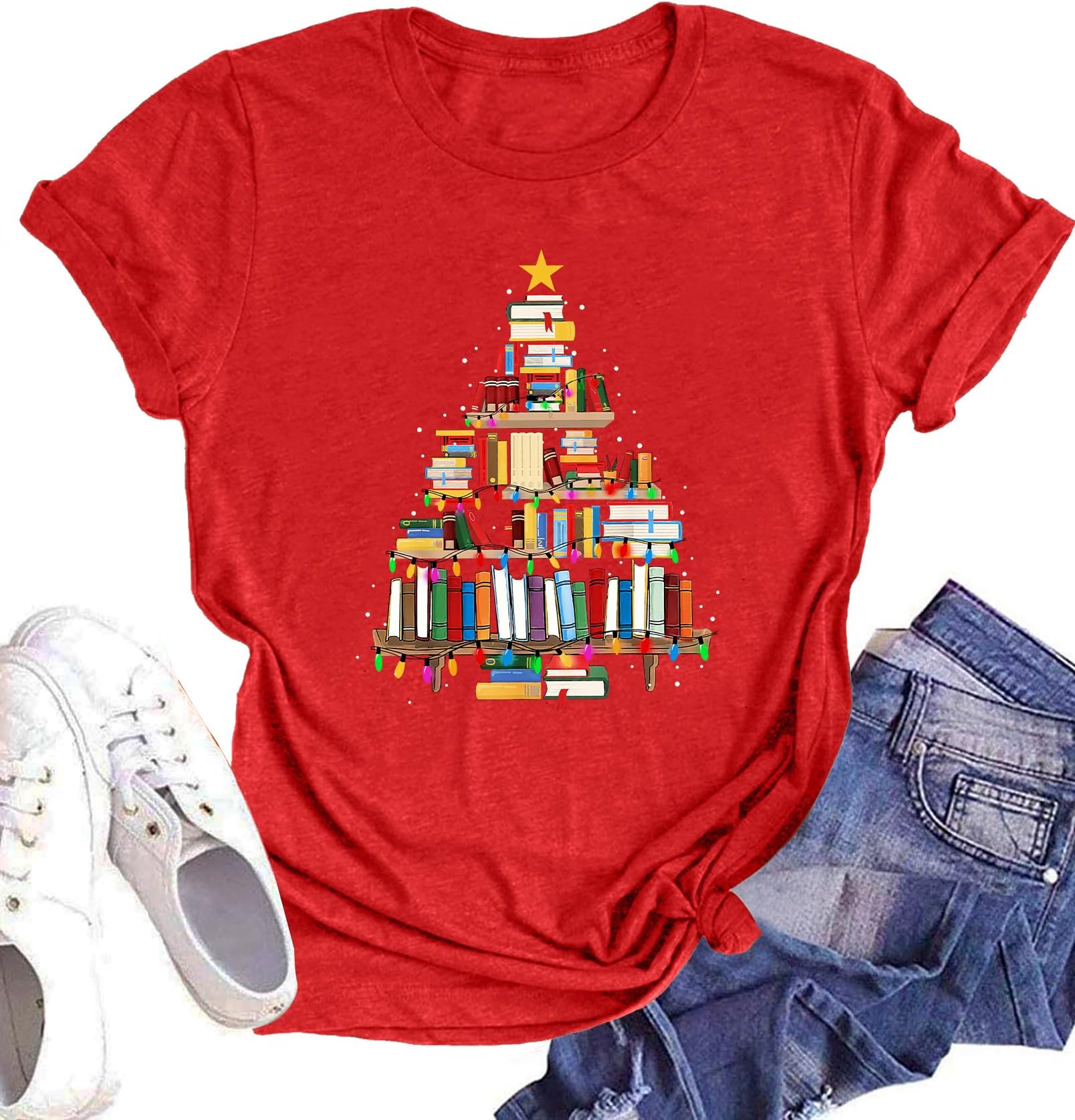 hohololoChristmas Shirts Women Christmas Book Tree T-Shirt Book Lovers Xmas Holiday Reading Tee Tops
