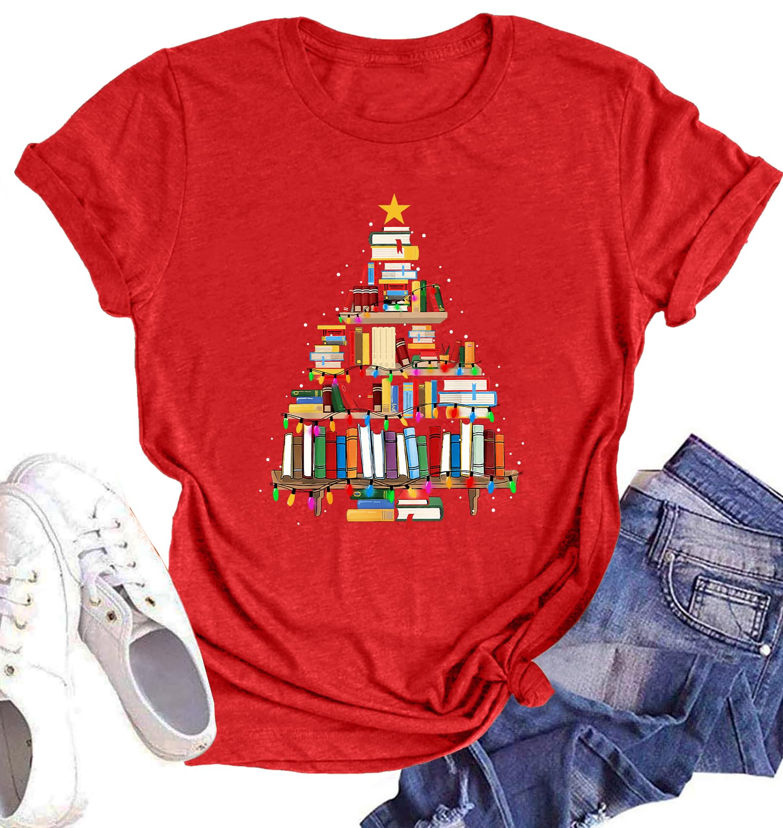 hohololoChristmas Shirts Women Christmas Book Tree T-Shirt Book Lovers Xmas Holiday Reading Tee Tops