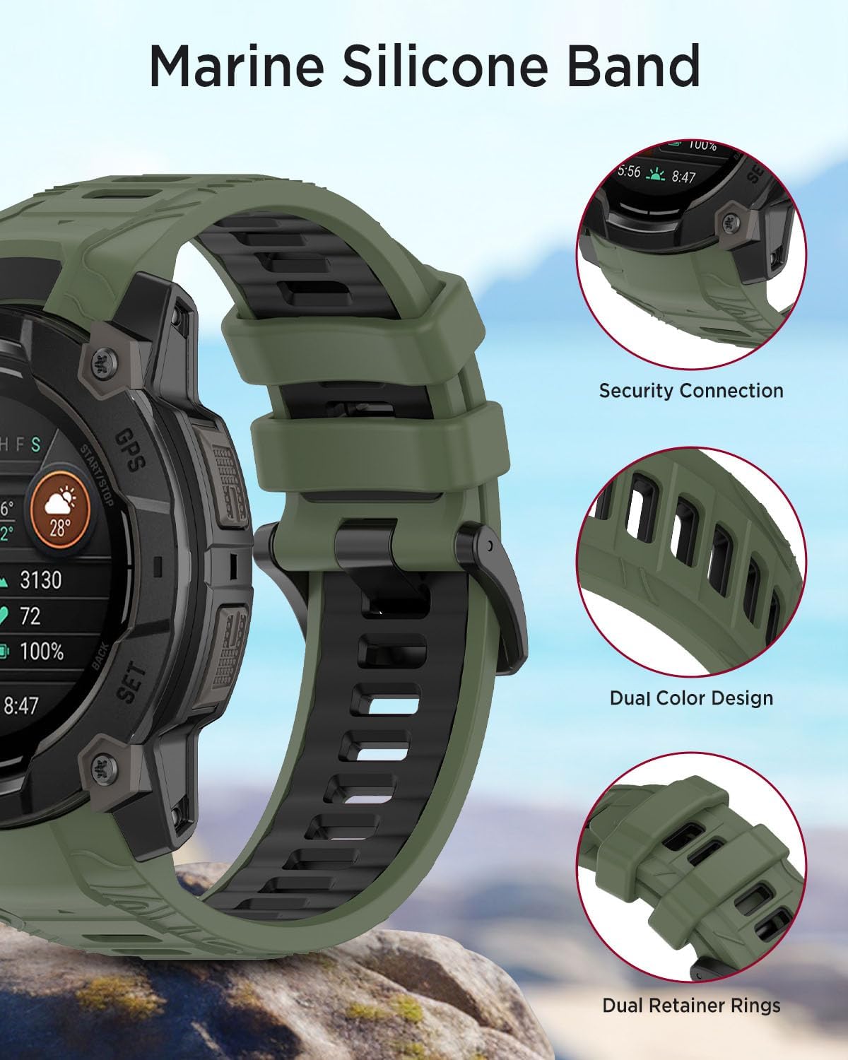 Miimall Silicone Band Compatible for Garmin Instinct 3 45mm/50mm, Waterproof, Quickfit, 22mm/26mm Soft Adjustable Bracelet Replacement Watch Strap for Instinct 3 SOLAR/AMOLED for Men Women - Image 6