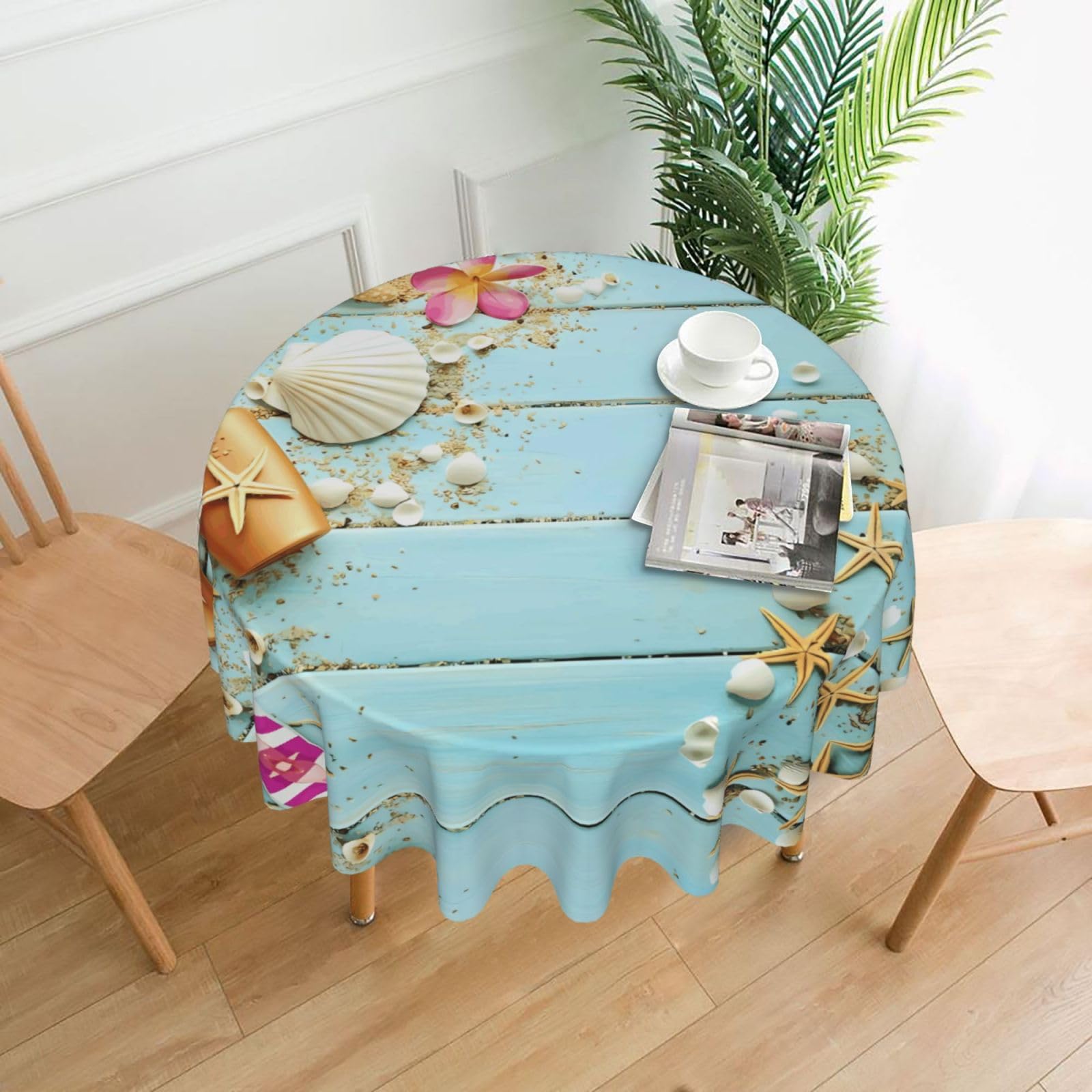 WHJSHOP Beach Theme Seashells Prints Round Table Throw 60 Inch – Waterproof Table Cover for Dining, Coffee Tables, Parties & More - Soft, Wrinkle-Resistant Table Layer
