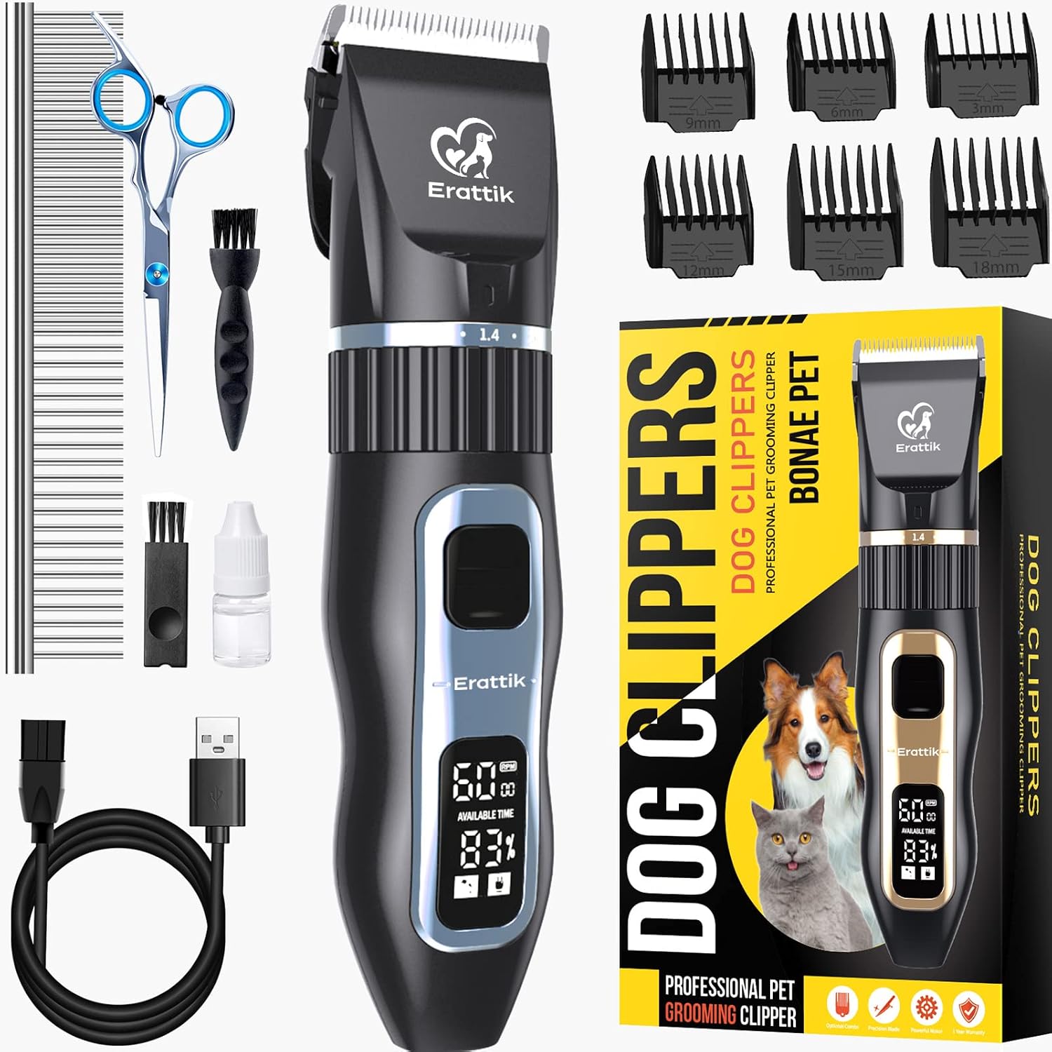 Erattik Dog Grooming Kit 2-Speed Low Noise Dog Clippers for Grooming Rechargeable Cordless Pet Dog Hair Grooming Clippers Dog Trimmer…