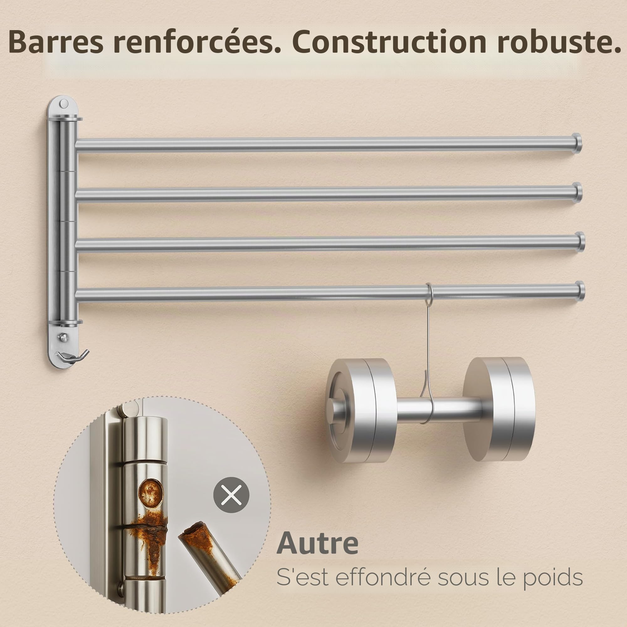 KES Porte Serviettes Pivotante Porte-Serviettes Murale 4 Bras Acier Inoxydable SUS304 Seche Serviette Barre 50 CM Support Brossé, A2103S4L50-2