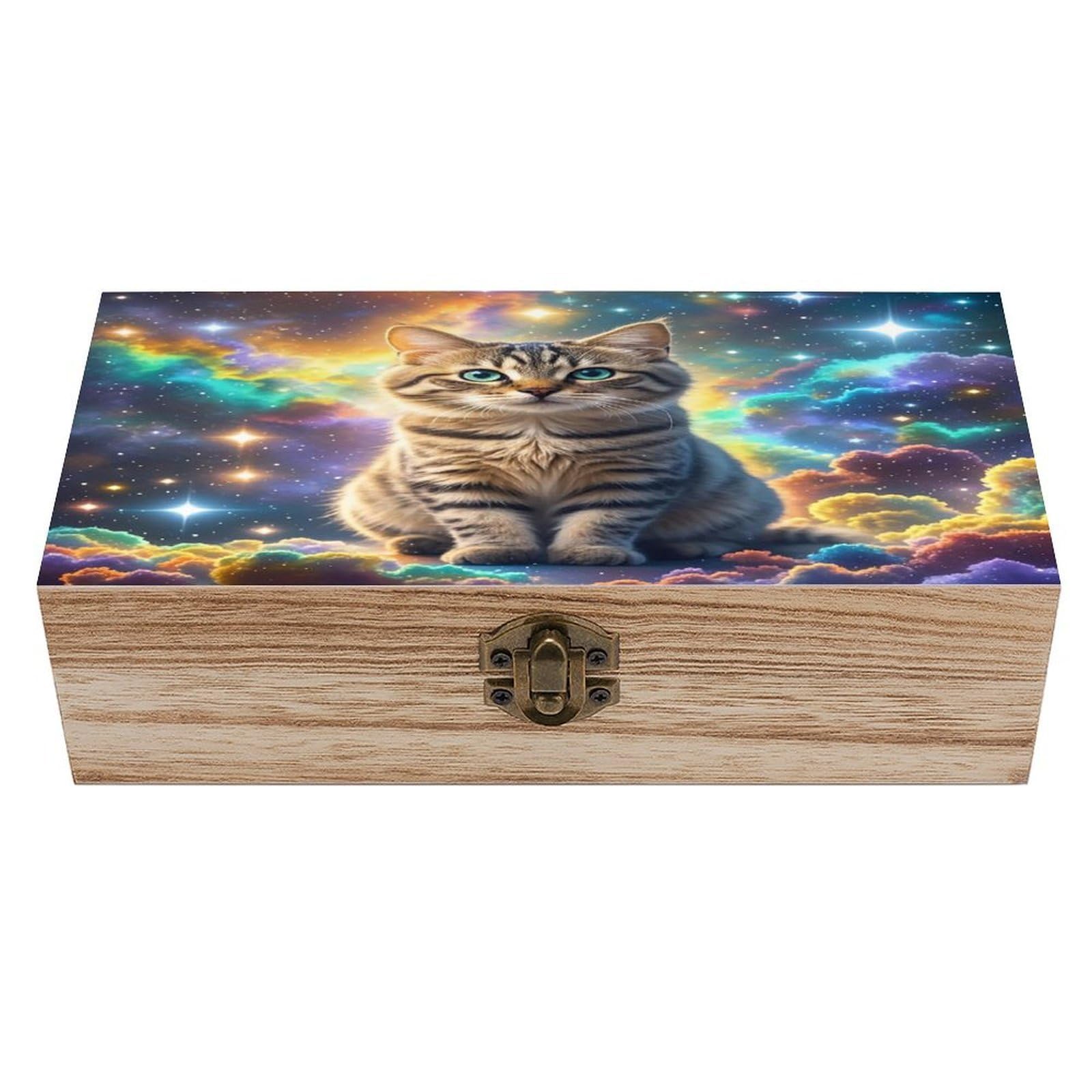 FekiLoot Cat Sitting Inside Nebula Wooden Storage Box Exquisite Wood Keepsake Box Vintage Wooden Gift Jewelry Case for Crafts And Photo Storage Boxes