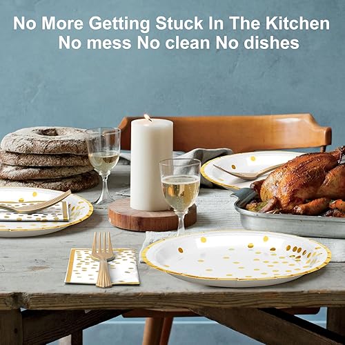 Miniatura 6 de Juego de vajilla de papel de oro blanco, 50 platos desechables de papel de 7 pulgadas, 50 servilletas de 6.5 pulgadas y 50 tenedores de plástico de