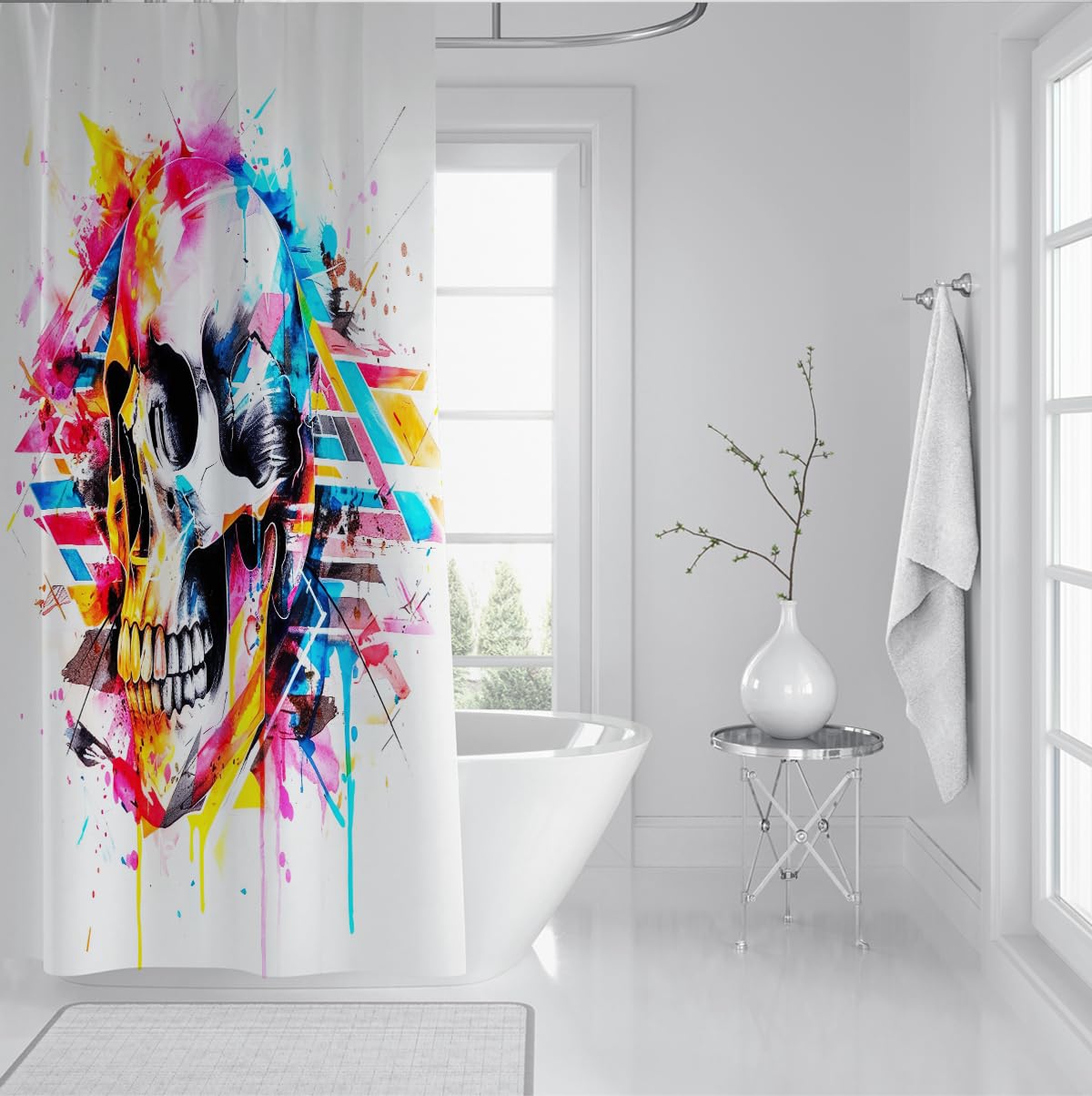 Bunte Totenkopfkunst-Duschvorhang mit Aquarellspritzern und geometrischen Linien Moderner Badewannenvorhang Wasserdichtes Polyester-Maschinenwaschbar 200 x 200 cm