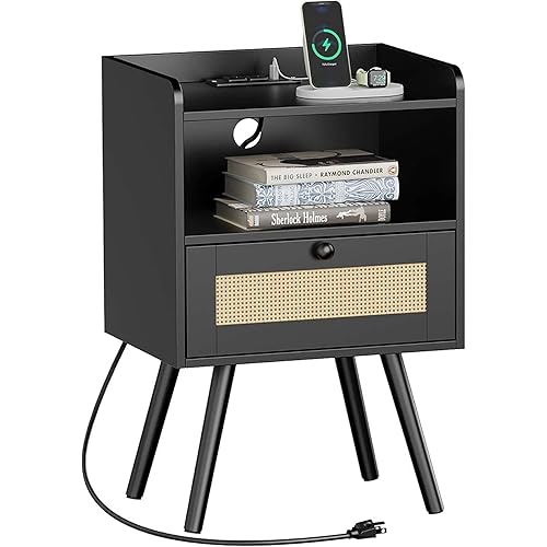 SUPERJARE Nightstand with Charging Station & Rattan-Like Decor Drawer, Rattan End Table with Solid Wood Feet, Bed Side Table with Open Storage, for Bedroom, Living Room, Dormitory - Black