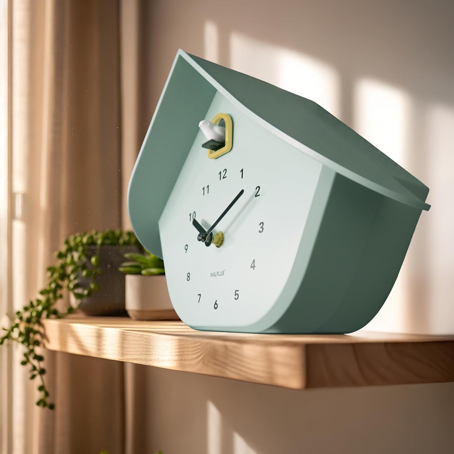 WALPLUS Modern Cuckoo Clocks for Wall Hourly Chiming Coo Coo Clock Volume Adjustable Cookoo Clock Removable Pendulum Christmas Cuckoo Gift Minty Green Pastel Interior Decoration