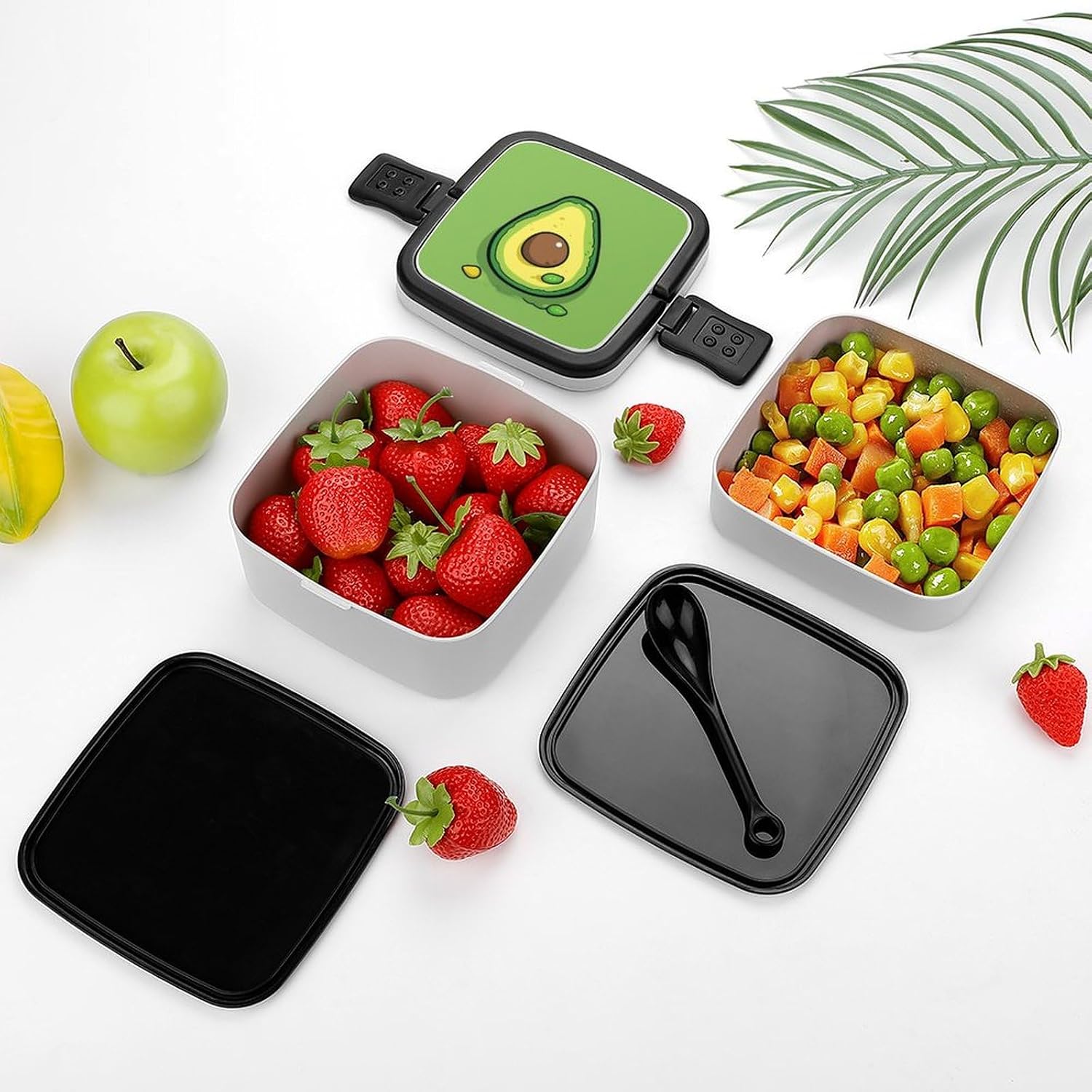 Green Plate Bento Box Adult Lunch Box Containers with Spoons Double Layered Lunch Containers Portable Lunch Boxes Food Container for Work Picnic Travel