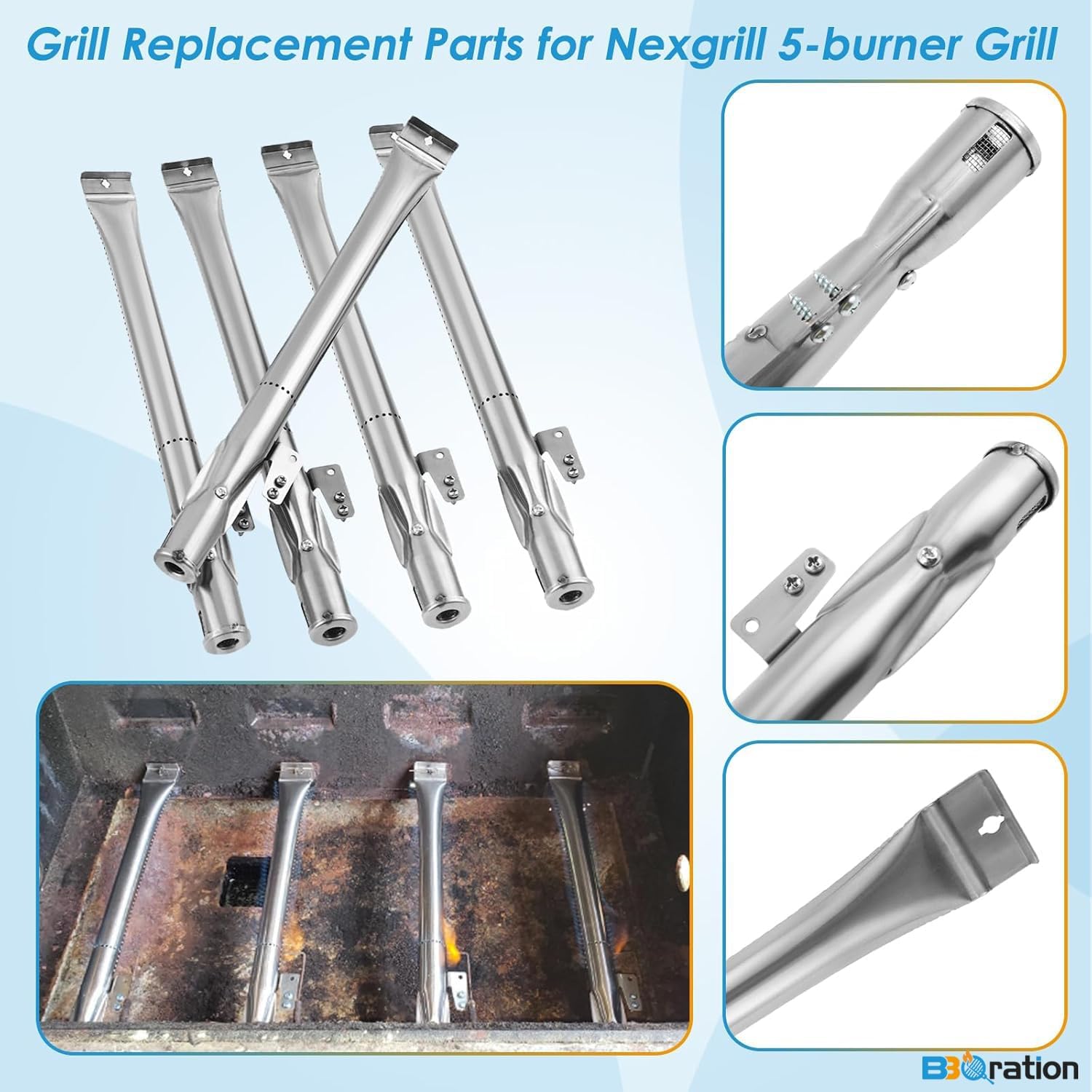 Replacement Parts Kit for Nexgrill 5-Burner 720-0888 720-0888N 720-0888A, 4-Burner 720-0830H 720-0830, Cooking Grate, Grill Heat Shield and Burner Kit for Nexgrill Replacement Parts
