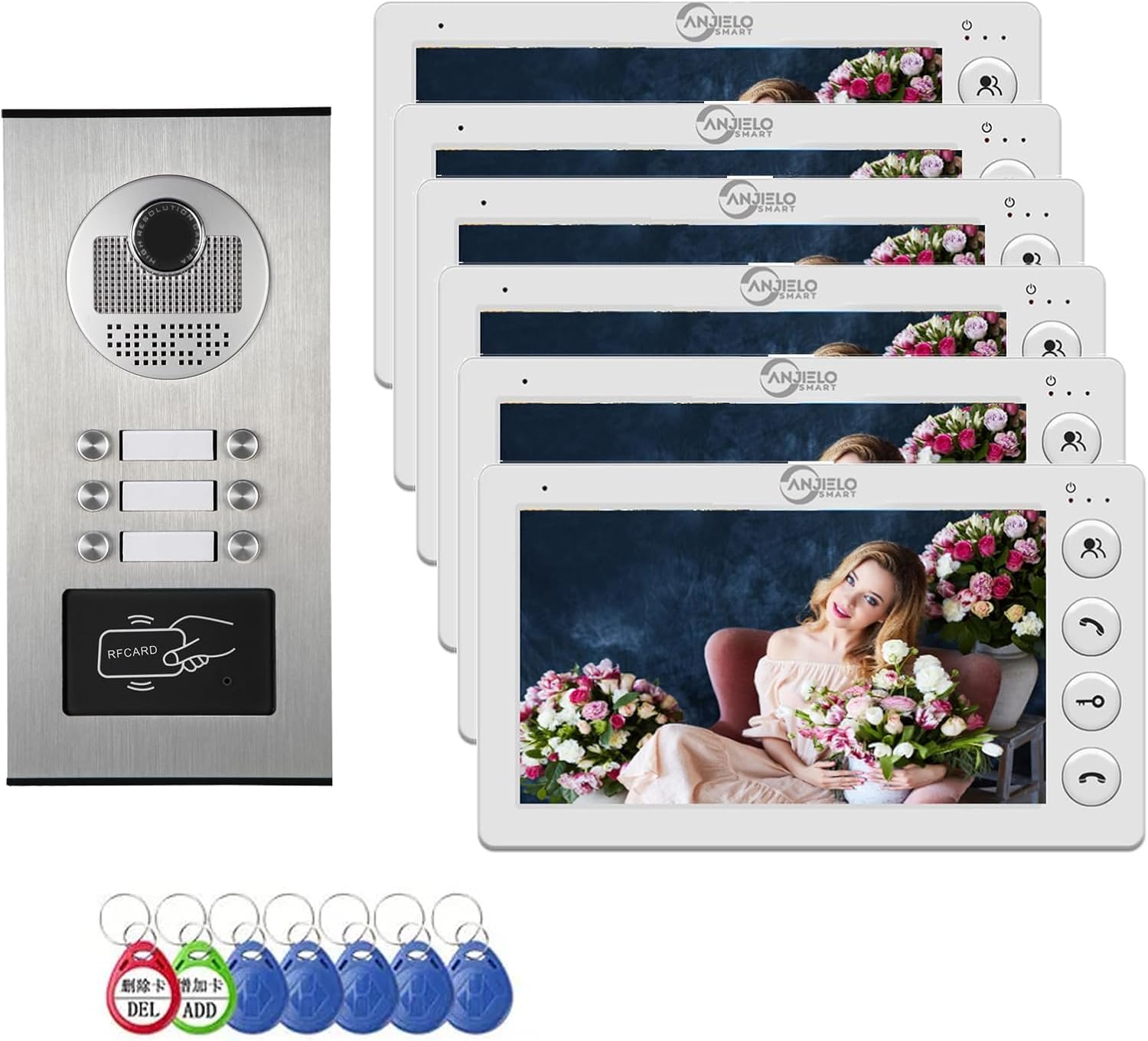 Domofon wideodomofonowy z 6 monitorami, noktowizor, 2-drożny dźwięk, odblokowanie karty Swipe do mieszkania domowego