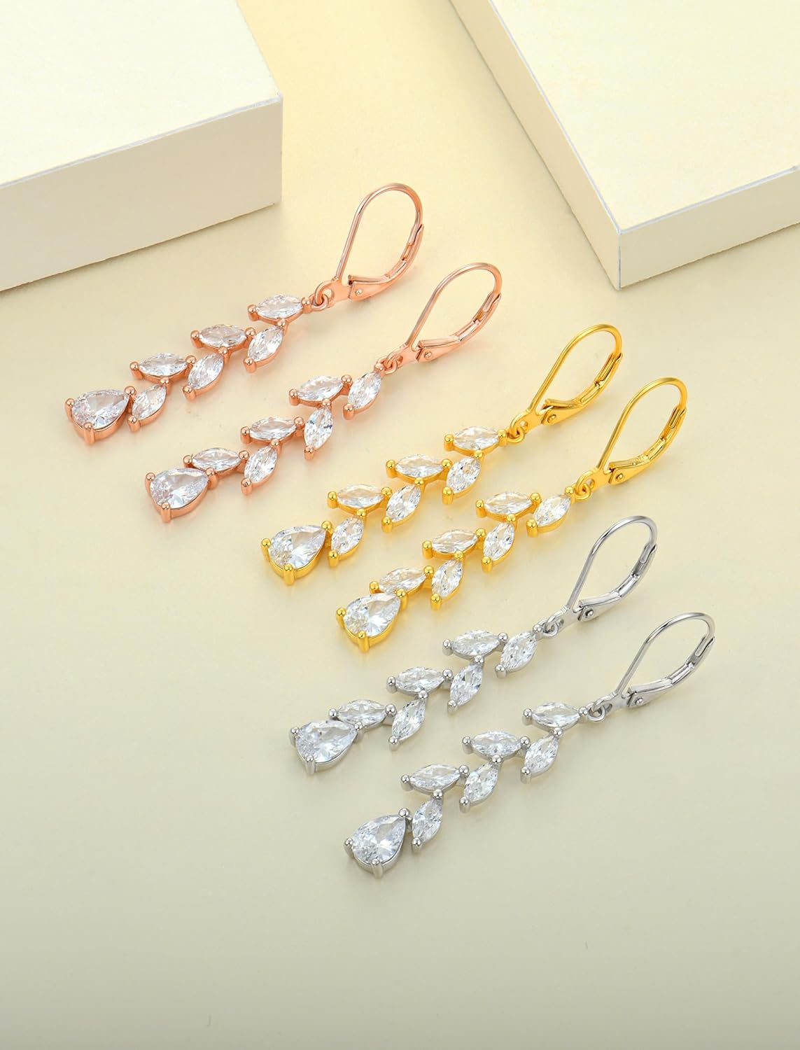 YL Wedding Dangle Earrings for Brides Bridesmaid Teardrop Birthstone Long Bridal Leverback Earrings Jewelry for Women - Image 5