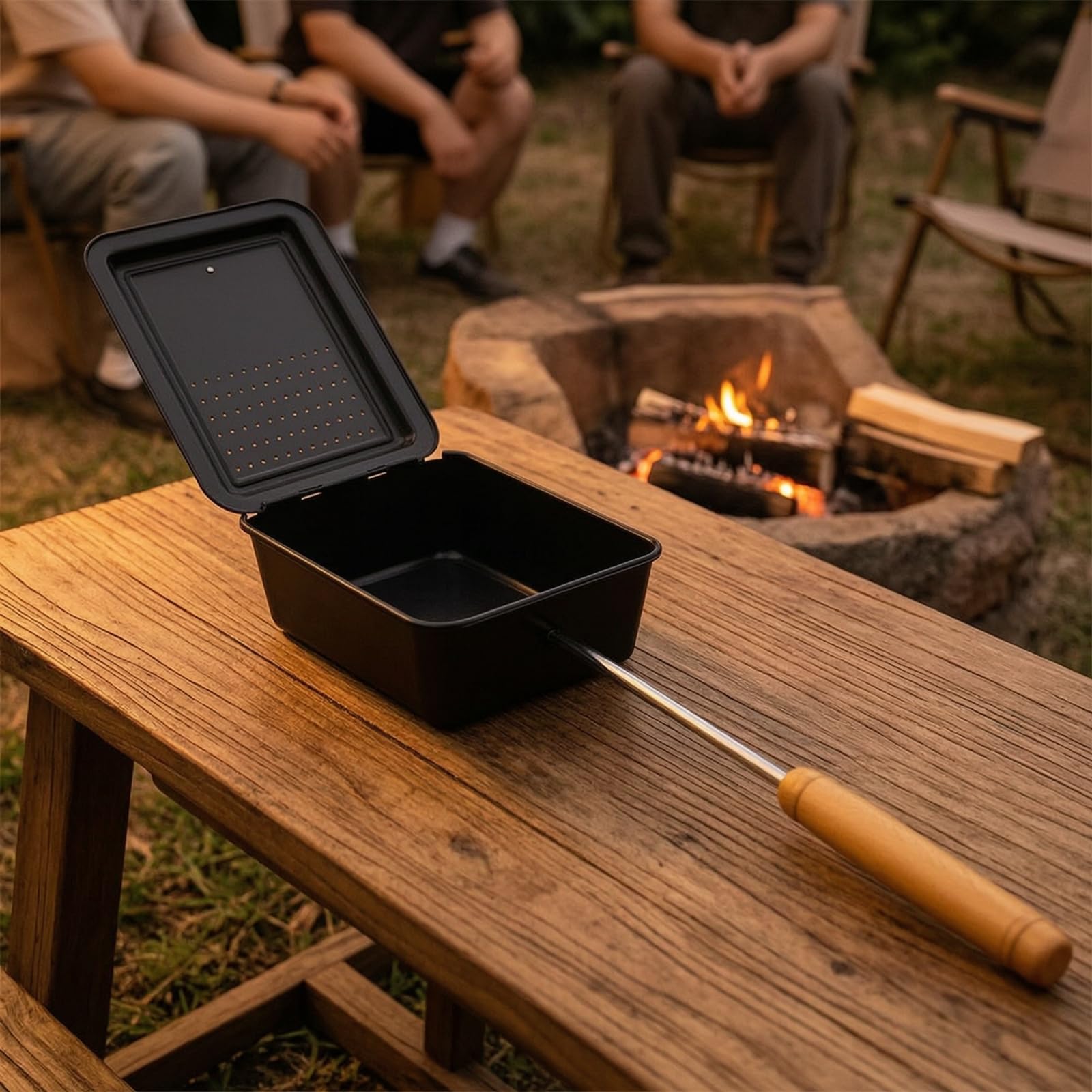MERIGLARE Poêle à Frire Camping avec Couvercle Haché Poêlon en Fer avec Revêtement Antiadhésif et Poignée en Hêtre Plat Cuisson Portable avec Sac Rangement Adapté aux Camping