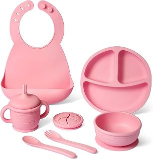 Daily Kitchen Baby Feeding Supplies 8 Piece Set – Toddler Plates and Bowls Set Silicone Baby Feeding Set for Weaning – Baby Eating Supplies Include Bib, Spoon, Fork, Silicone Cup with Straw