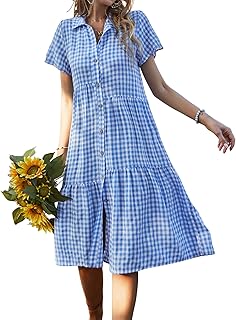 Vaiaye Women Dress Smock Plaid Midi Dresses A Line Lapel Gingham Midi Dress Short Sleeve Loose Shirt Button Down Sundress