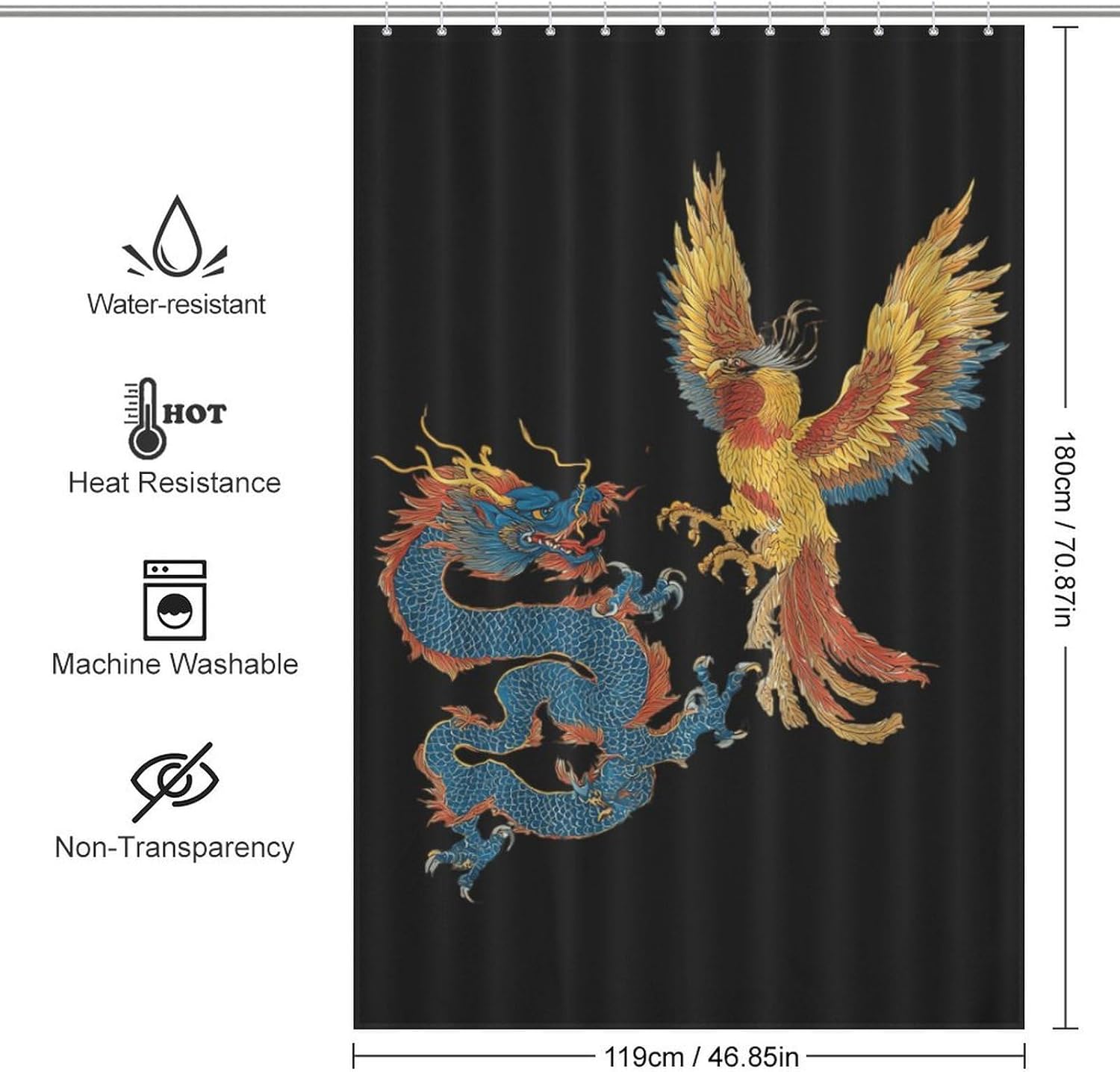 Chinese Dragon and Phoenixbird Shower Curtain 46.85x70.87Inch（119x180cm） Polyester Bath Curtain Shower Curtains Printed Decorative