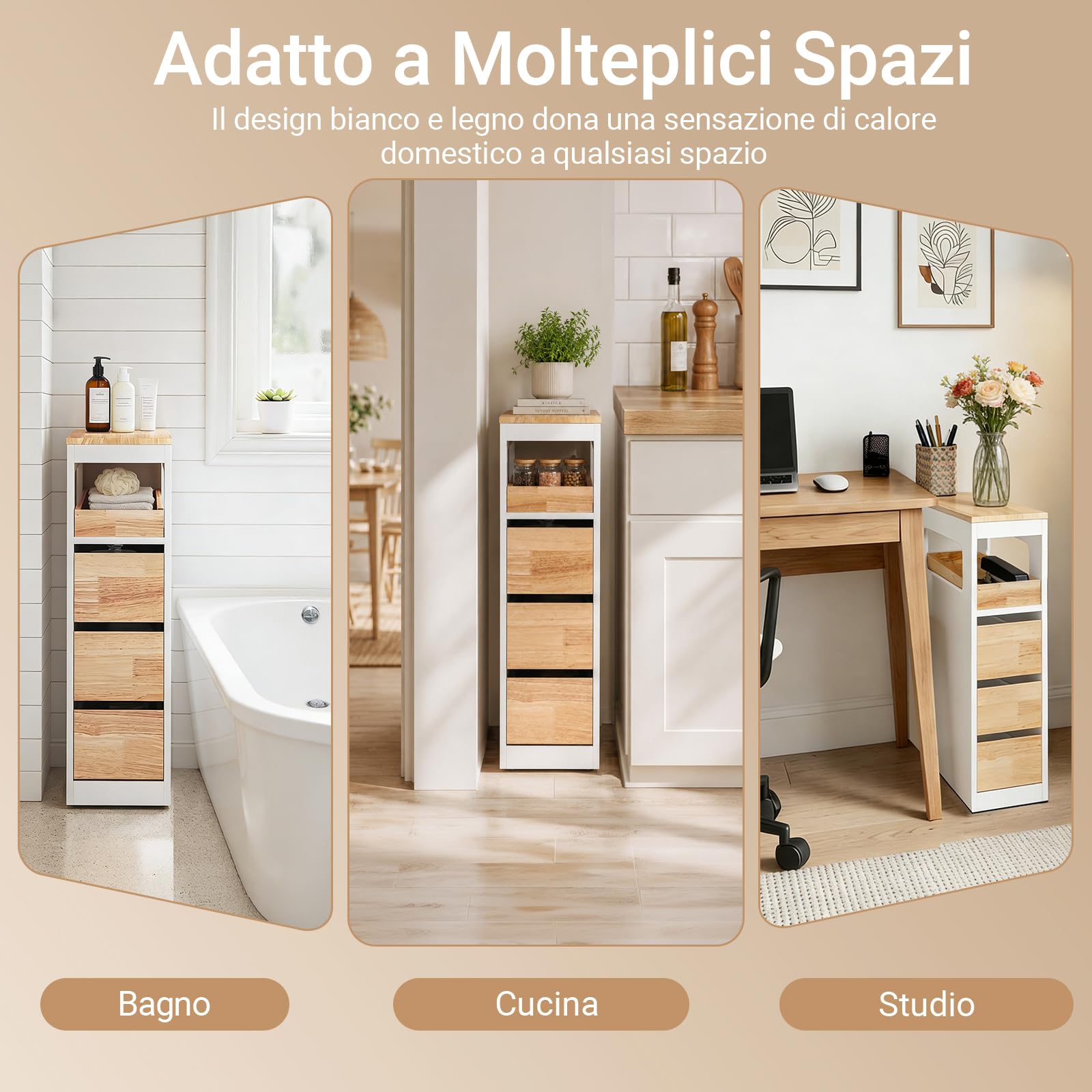 SoBuy Carrello Cucina Mobiletto Salvaspazio con Ruote 65x23x82cm | con Piano di Lavoro, Cassetto E Ripiani Aperti, Carrello Portaoggetti per Cucina, Bianco e Legno, BZR54-III-WN