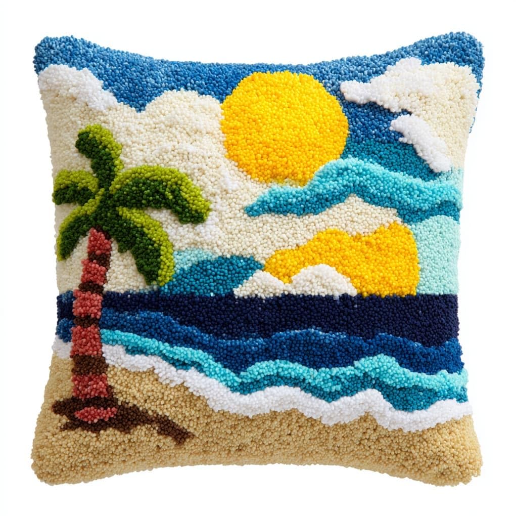 WallustrioaW Latch Hook Pillow Kits Cushion,Coconut Trees by the sea,Printed Pillowcase Sofa Hooking Pillows Crafts Embroidery Latch Hooking Crochet Kits,17x17in