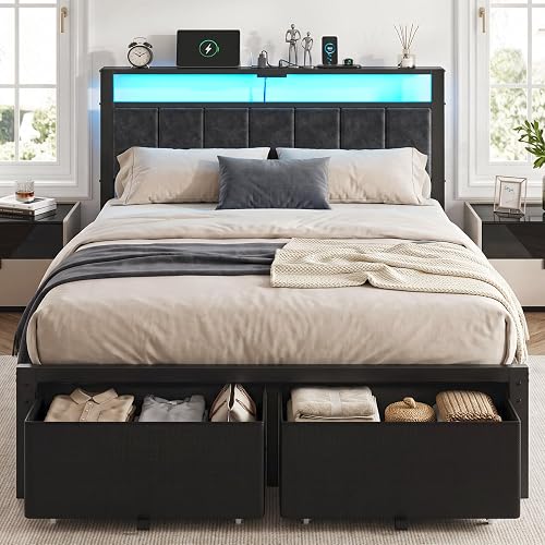 Full Size Bed Frame with Upholstered Headboard and 2 Storage Drawers