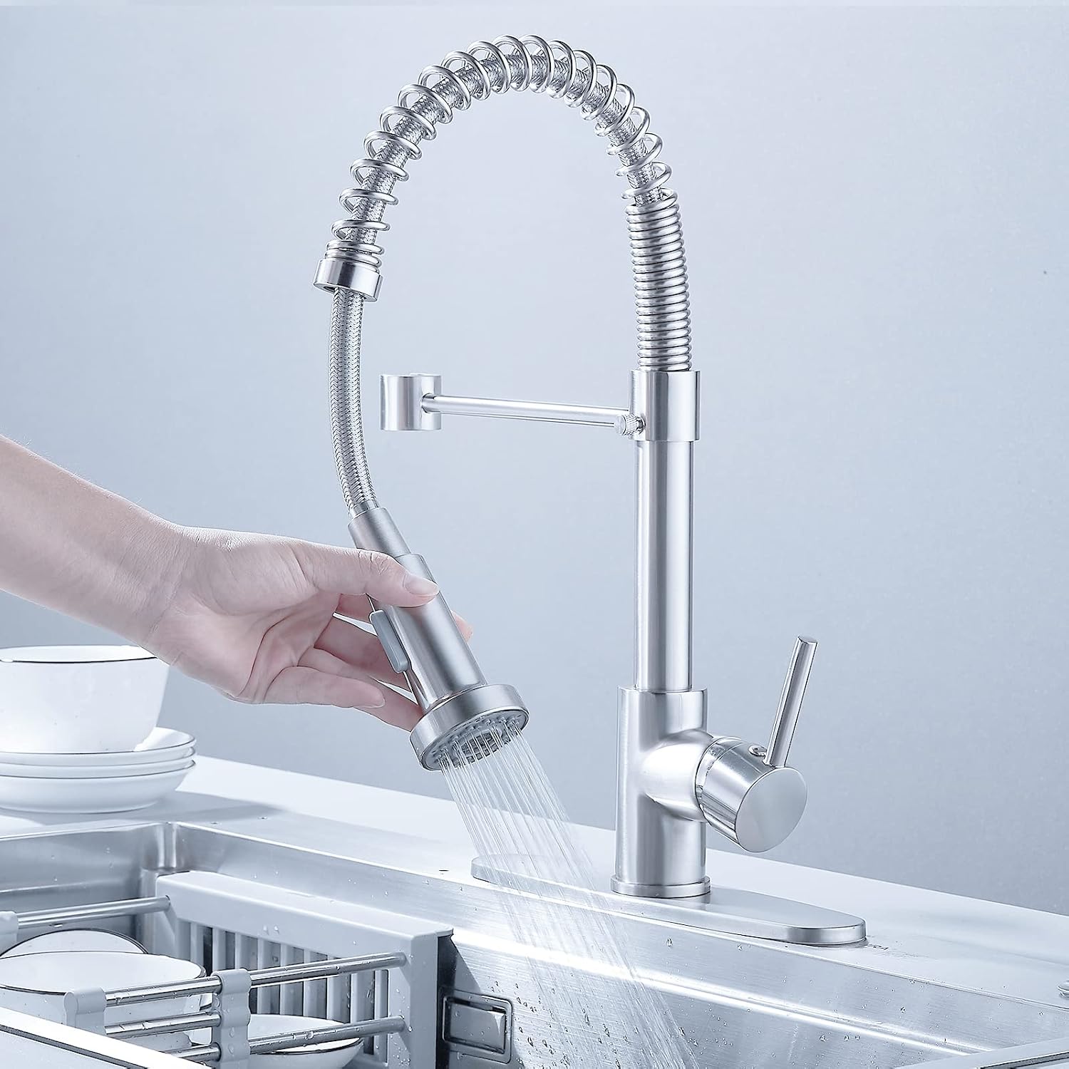 BASDEHEN Kitchen Faucets with Pull Down Sprayer, Ras Nickel Spring Commercial Kitchen Sink Faucet Solid Brass with 10 Inch Mounting Table 1 Hole Or 3 Hole Compatible