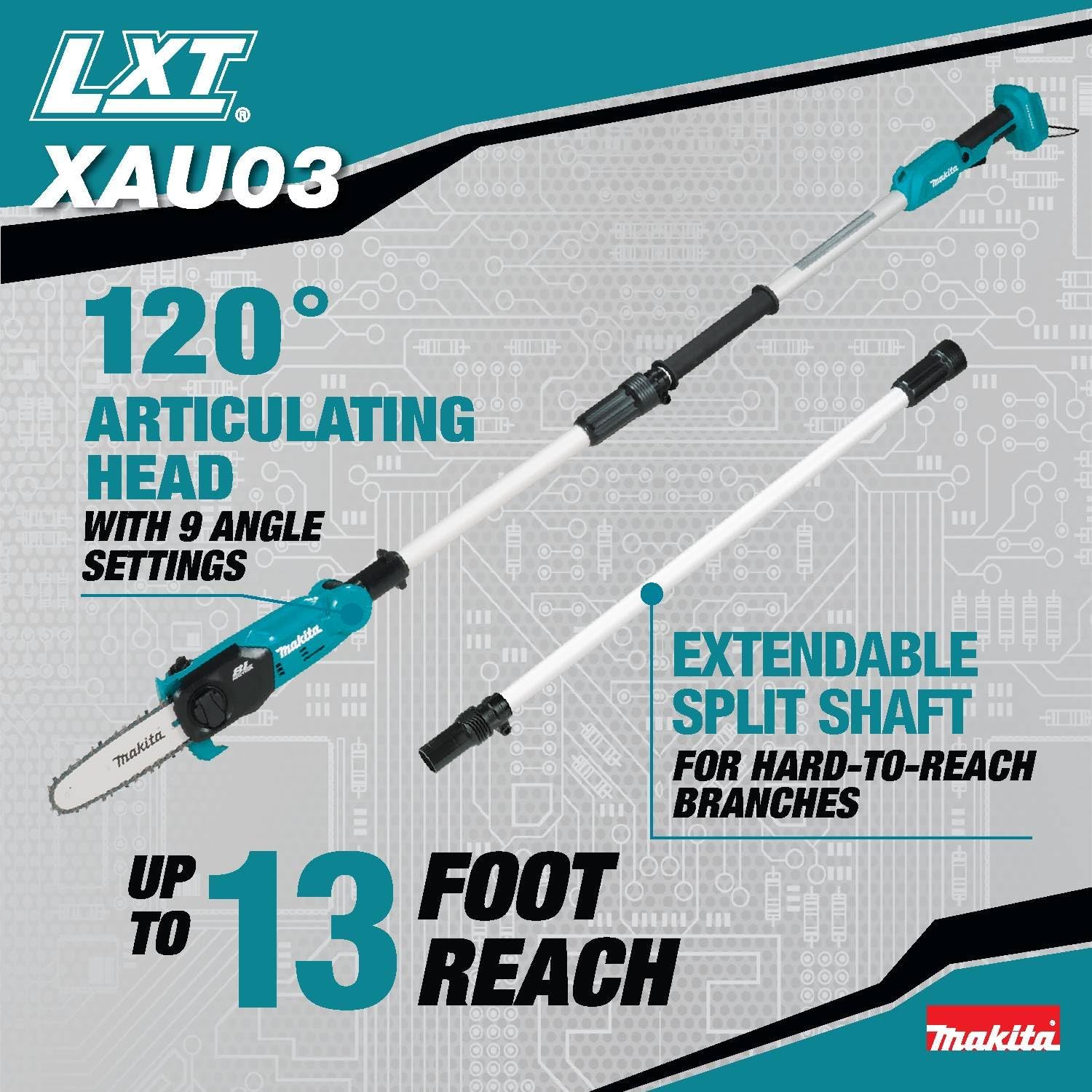 Makita XAU03Z 18V LXT® Lithium-Ion Brushless Cordless 8" Extendable Articulating Pole Saw, Tool Only