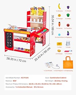 VEVOR Kids Pretend Play Grocery Store, Wooden Supermarket Toy Set with Shopping Bag, Conveyor Belt, Scanner, Cash Register, Realistic Scale, Gift for Boys & Girls