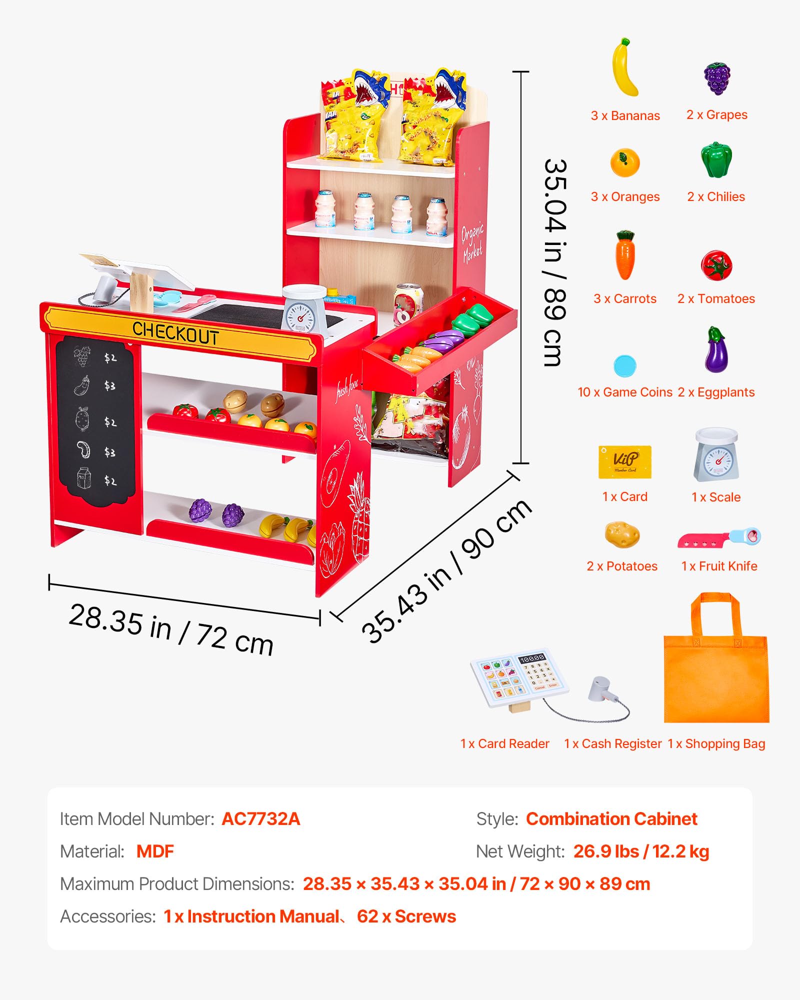 VEVOR Kids Pretend Play Grocery Store, Wooden Supermarket Toy Set with Shopping Bag, Conveyor Belt, Scanner, Cash Register, Realistic Scale, Gift for Boys & Girls