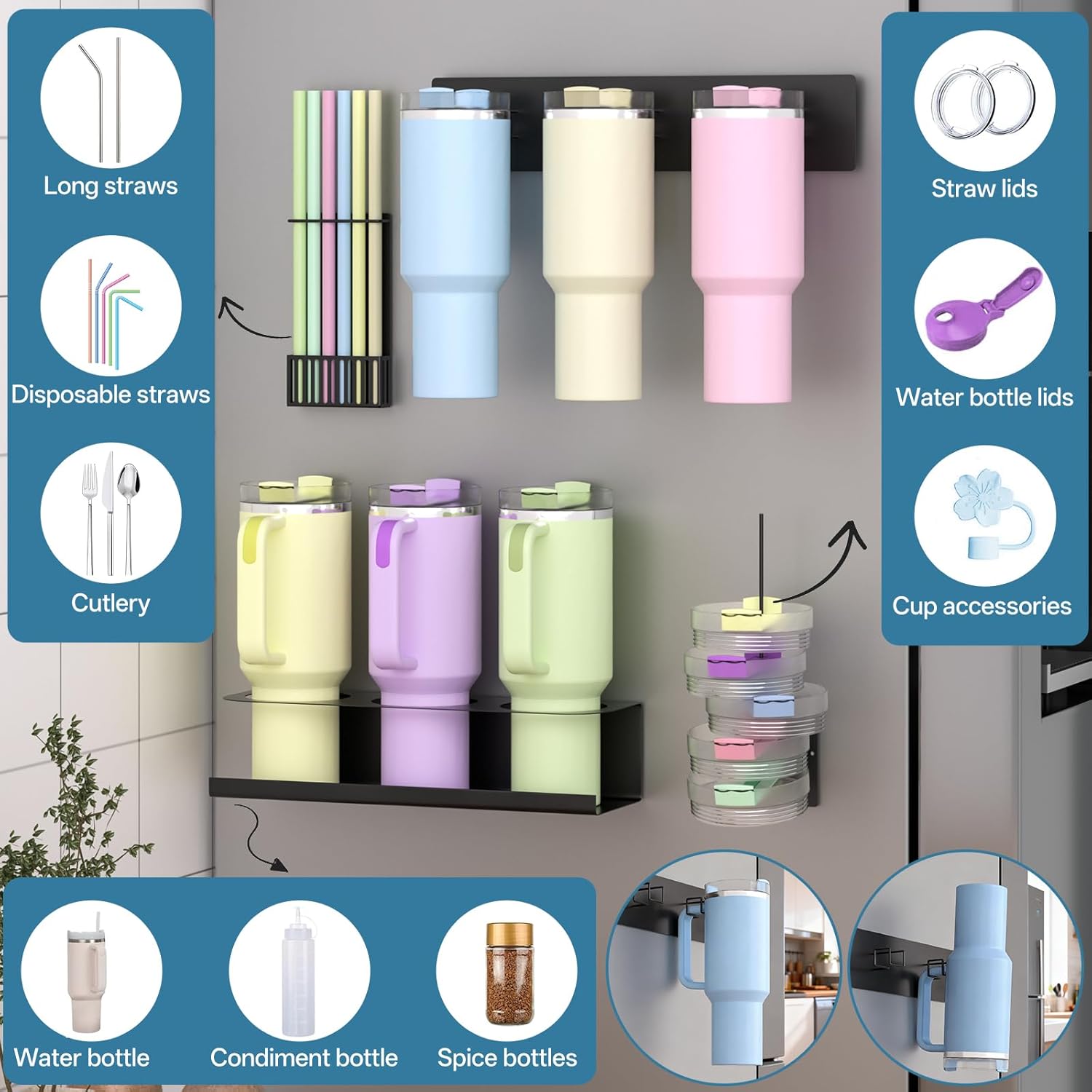 Magnetic Stanley Cup Holder for Fridge, Tumbler Organizer Fits 20 30 40oz Stanley Cups, Water Bottle Organizer with Lid & Straw Holder, Stanley Cup Accessories for Kitchen Refrigerator (Black)​ - Image 2
