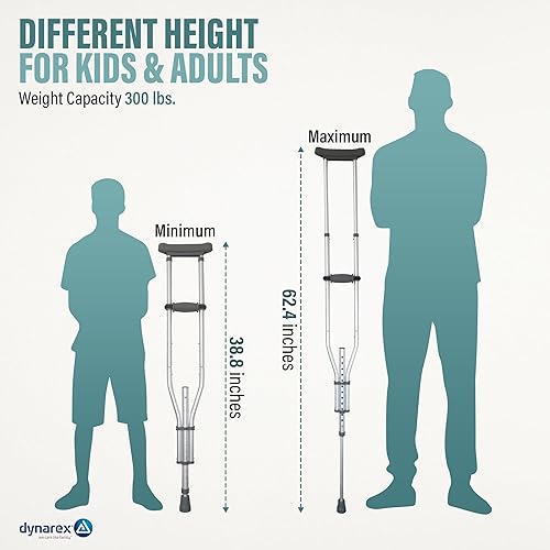 Miniatura 3 de Dynarex Muleta universal de aluminio, niños a adultos - 4'7" a 6'7", ajuste de altura con botón pulsador, axila acolchada y cómodos agarres de mano,