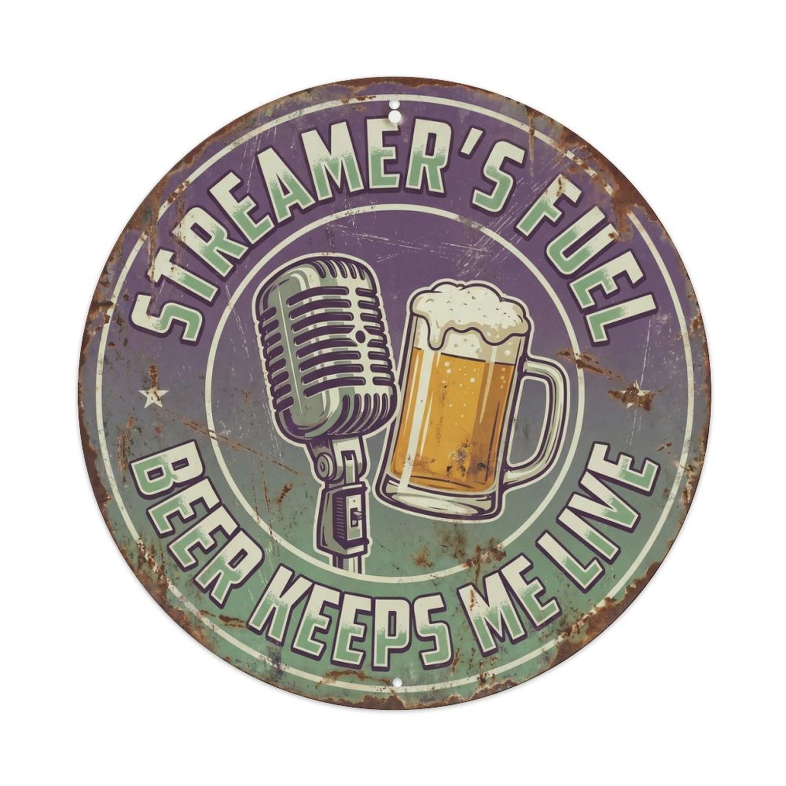 Retro Bar Style Streamer Online Basement Beer Metal Tin Sign Plaque Wall Decor for Cafe, Club, Garden Round Metal Poster 8x8Inch