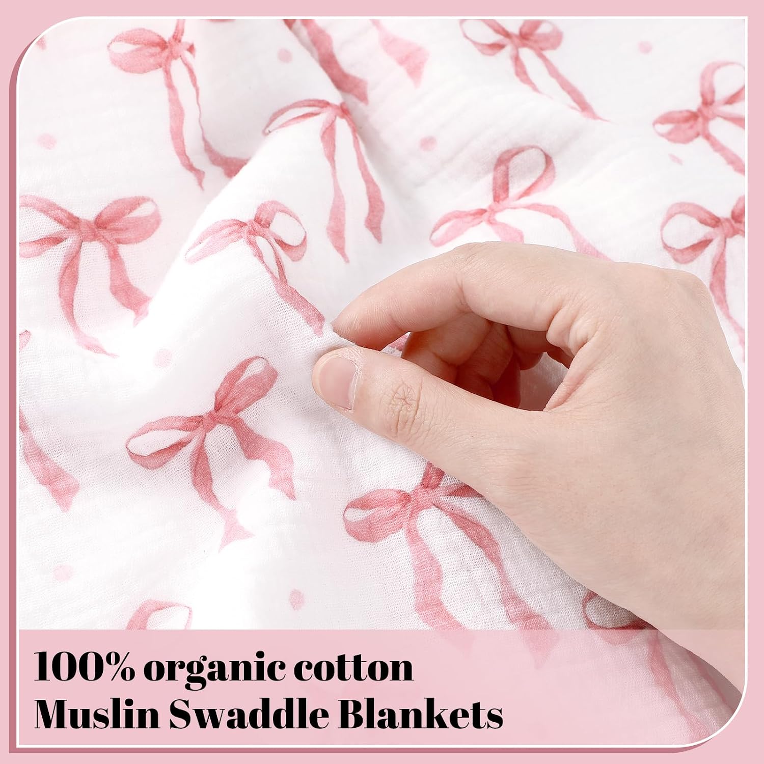Gilprop 3-Pack Pink Bow Muslin Baby Swaddle Blankets - 47" x 47" Soft Cotton Swaddling Blankets with Pink Bow & Floral Print, Breathable Nursery Swaddles for Newborn Girls, Toddler & Infant