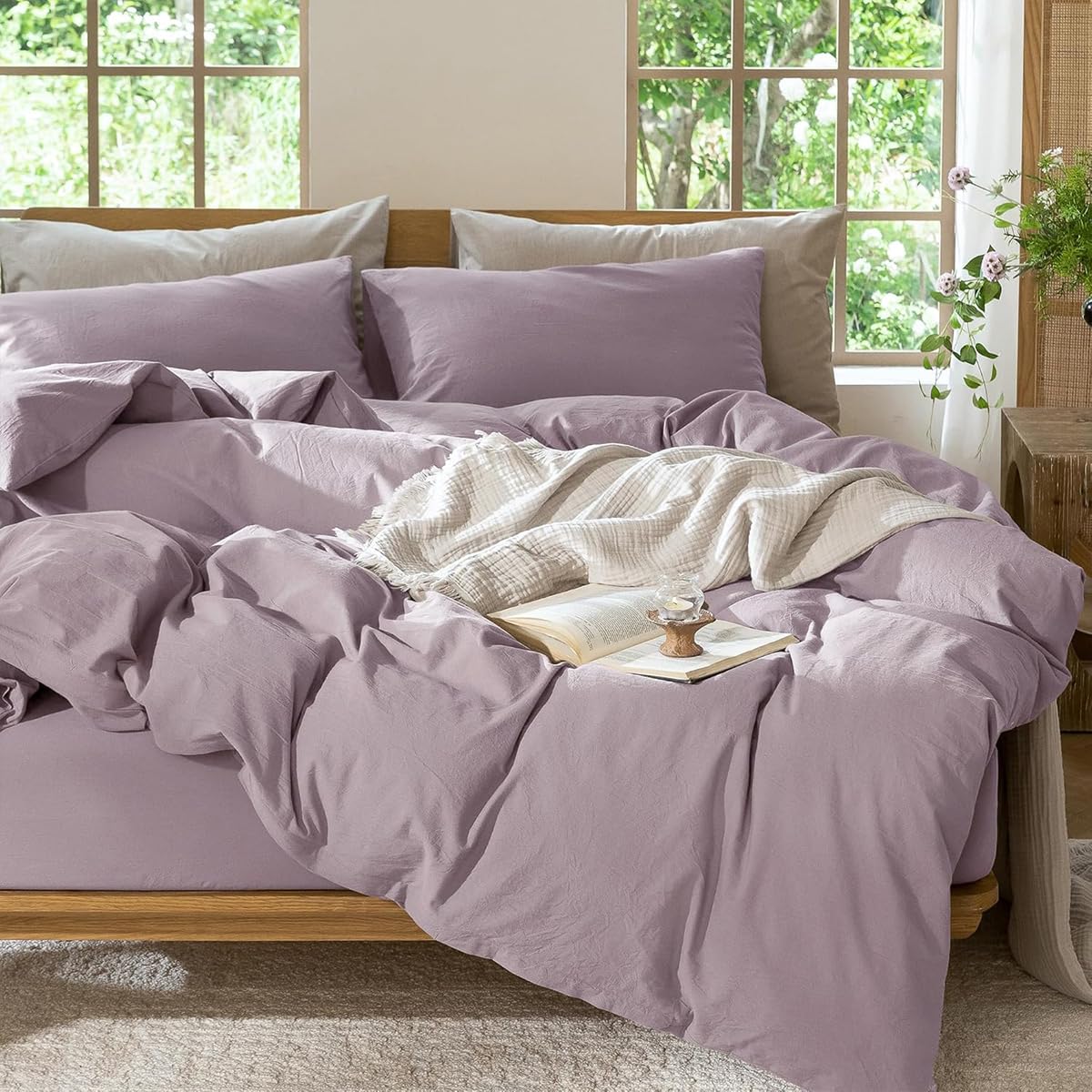 Lanqinglv Pościel 220 x 240 cm, bawełna, zestaw pościeli Taro Purple z motywem Stone Washed, 1 poszwa na kołdrę 220 x 240 cm i 2 poszewki na poduszkę 80 x 80 cm, pościel z zamkiem błyskawicznym