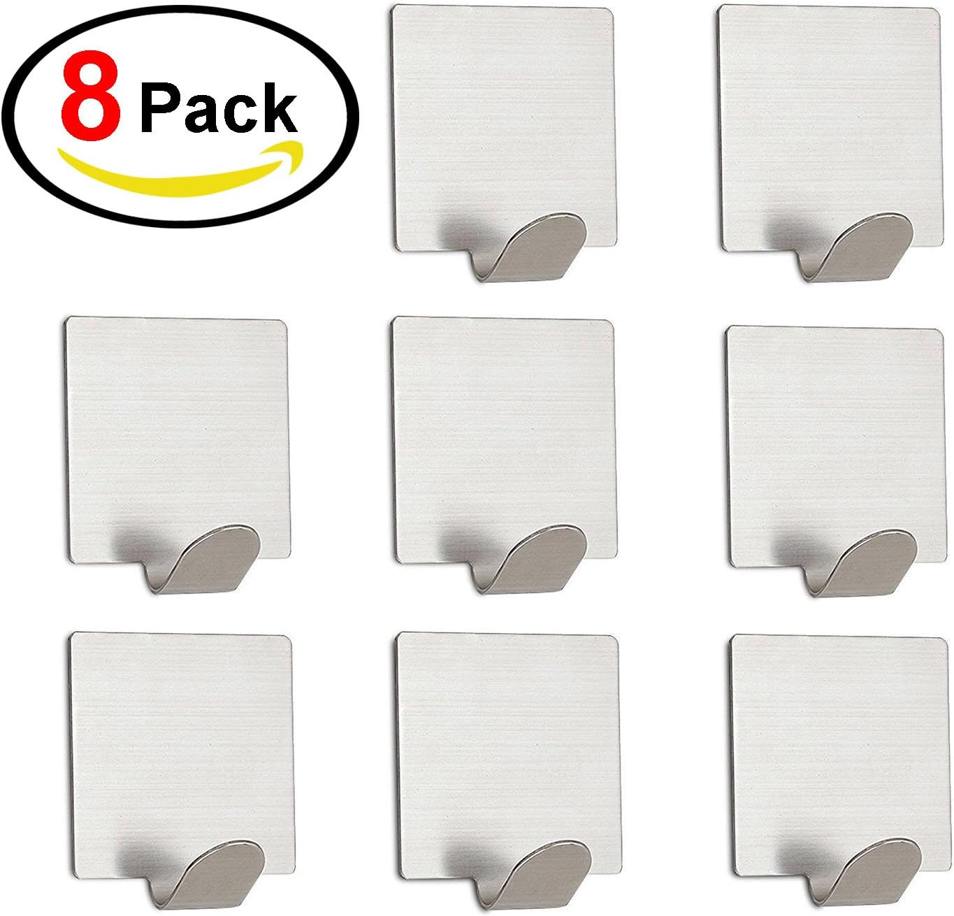 3M Self Adhesive Hooks, Super Heavy Duty and Durable Wall Hooks Stainless Steel Waterproof Hanger - Sticky Hooks for Keys Bags Robe Coat Towel - Home Kitchen Bath Room, Living Room, Office (Pack of 8)