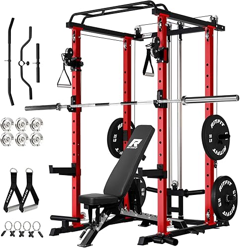Miniatura 10 de RitFit El paquete multifunción de garaje y gimnasio en casa incluye jaula de potencia de 1200 libras PPC03/P3 con sistema de cruce de cables, banco
