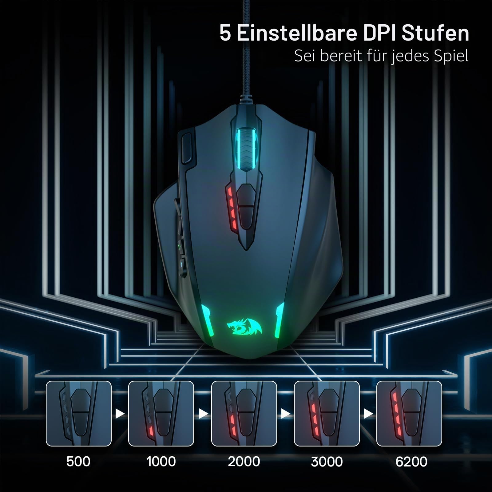 Redragon M908 Impact RGB LED MMO Maus mit Seitentasten, optische kabelgebundene Gaming-Maus mit 12.400DPI, hohe Präzision, 20 programmierbare Maustasten