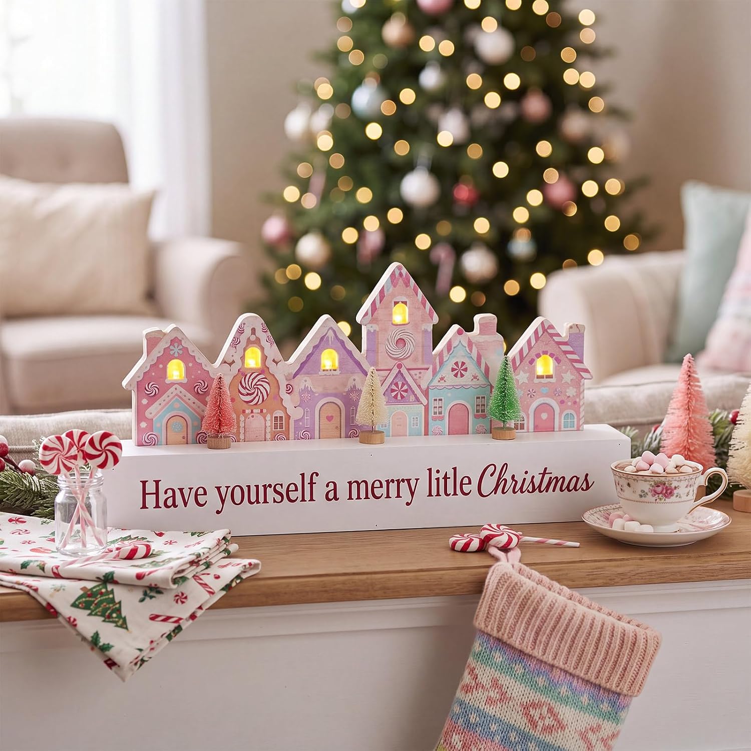 Qunclay Candy Christmas Village Tabletop Decor Lighted Wooden Gingerbread