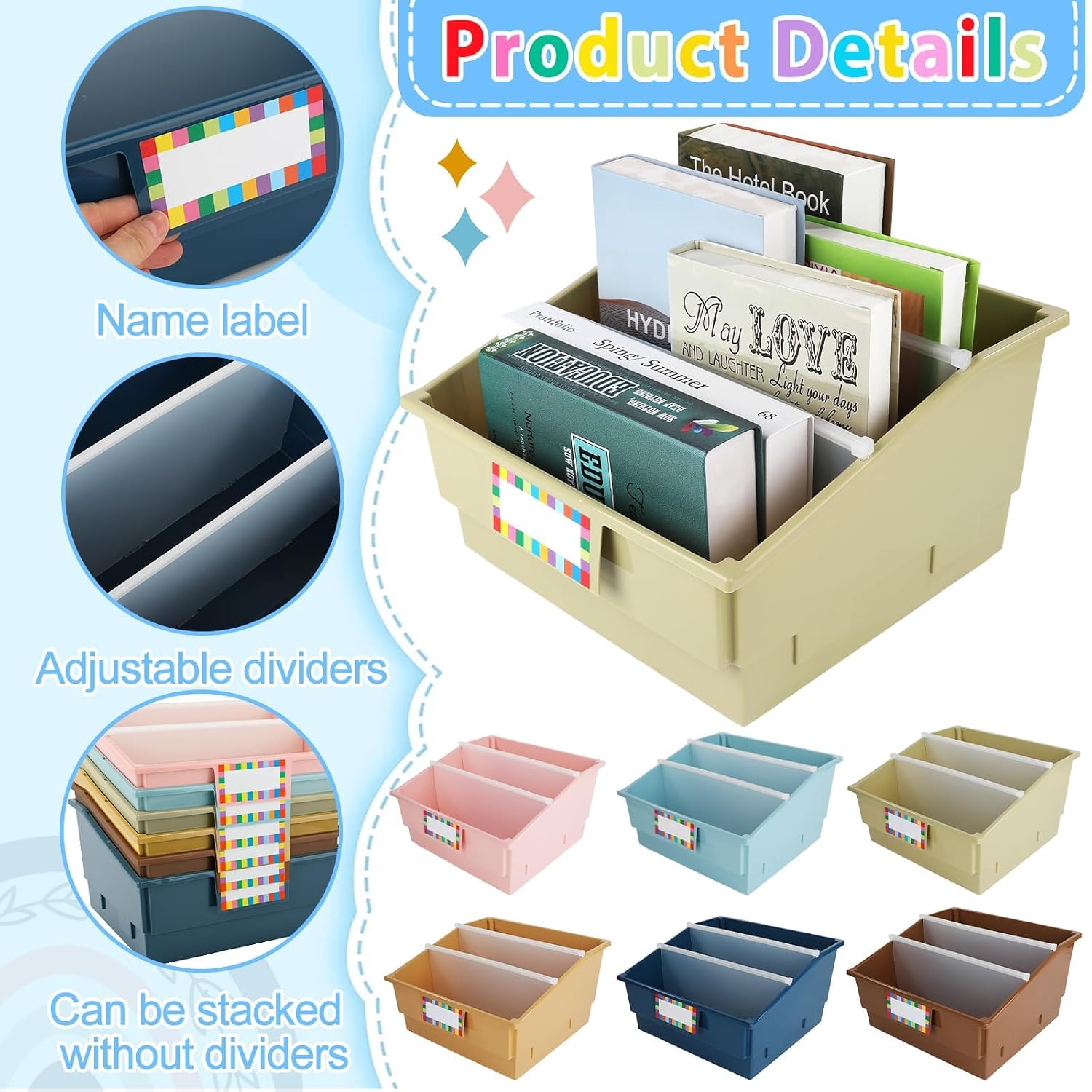 gisgfim 6 Pack Extra Large Picture Book Bin with Dividers 13.5 x 13.5 x 7.75 in Plastic Classroom Book Bin Holder Storage Organizer with Labels for School Library Magazines Supplies(Vintage) image 3