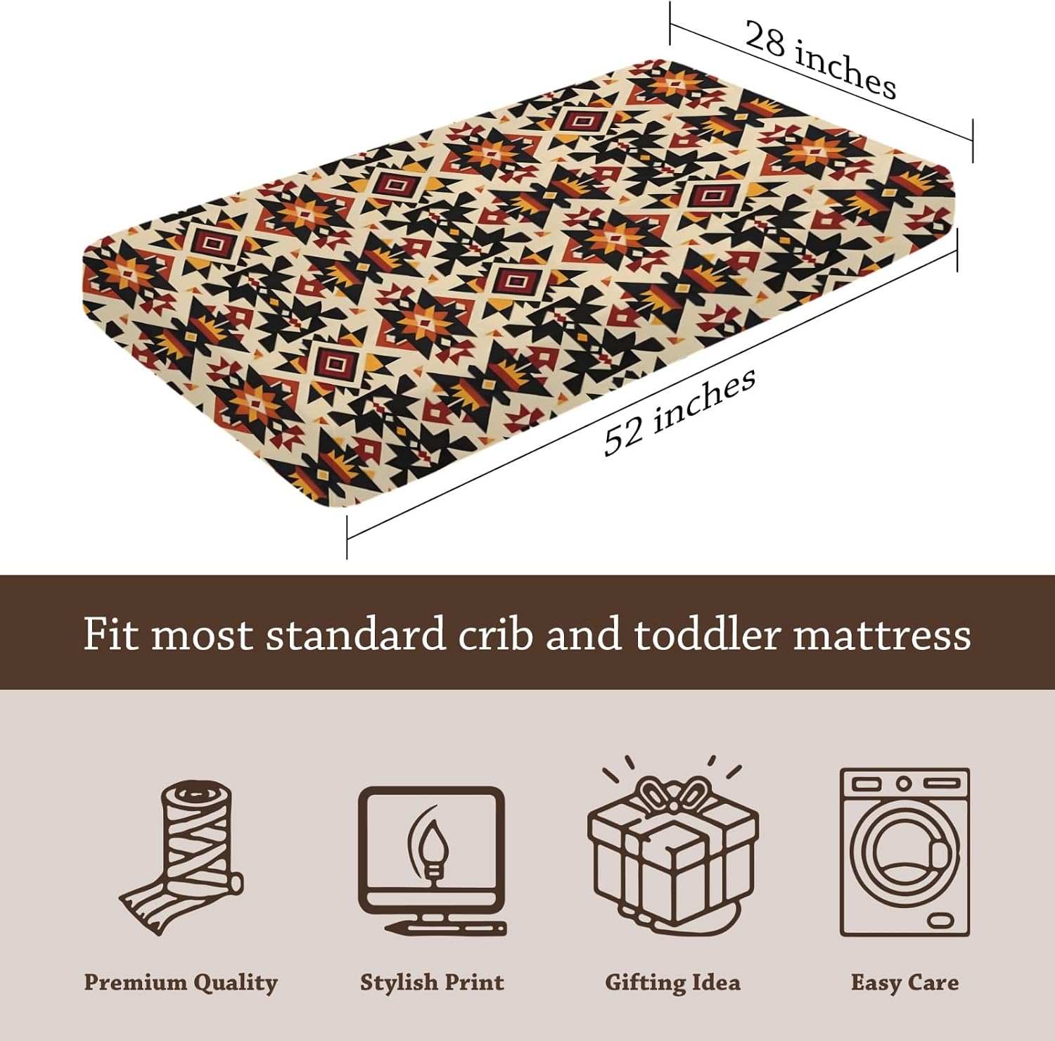 Tribal Native American Geometric Pattern Baby Sheets for Crib, Unisex Western Nursery Fitted Bed Sheet for Boys Girls Standard Crib and Toddler Mattress-28x52
