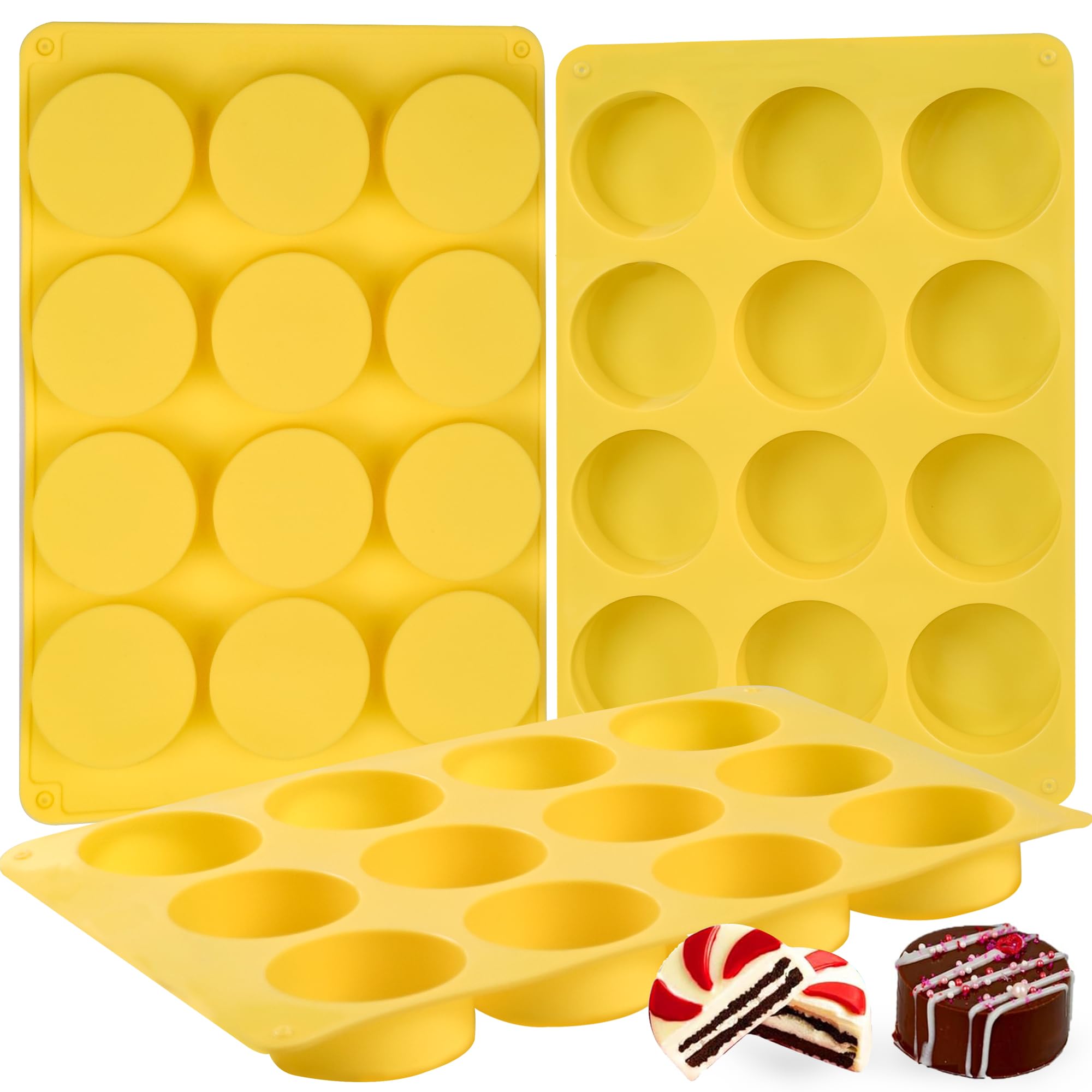 3 moldes redondos de silicona para galletas de chocolate, nuevo tamaño de 12 cavidades, cubierta de chocolate, moldes de silicona para mini pasteles de caramelo, gelatina para hornear