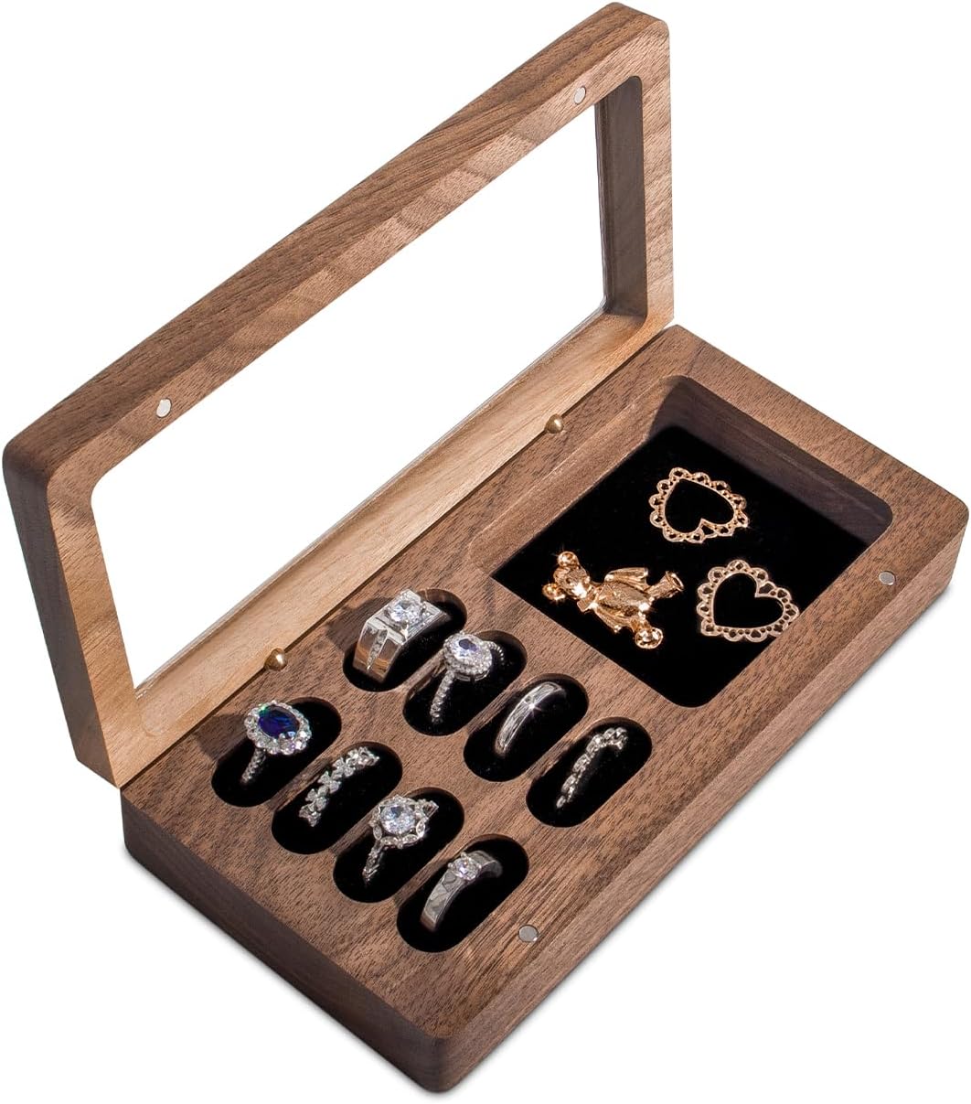 Luxury Solid Walnut Wood Ring Box with Glass Window - Ring case Jewelry Tray Jewelry Organizer for Rings, Studs & Earrings - Ideal for Store Display, Jewelry Showcases, Home Use & Gift Ideas