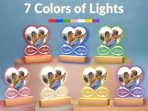 Miniatura 4 de Portarretratos personalizable con fotos y corazón, regalo de aniversario para parejas, para hombres y mujeres, placa de acrílico con luz nocturna,