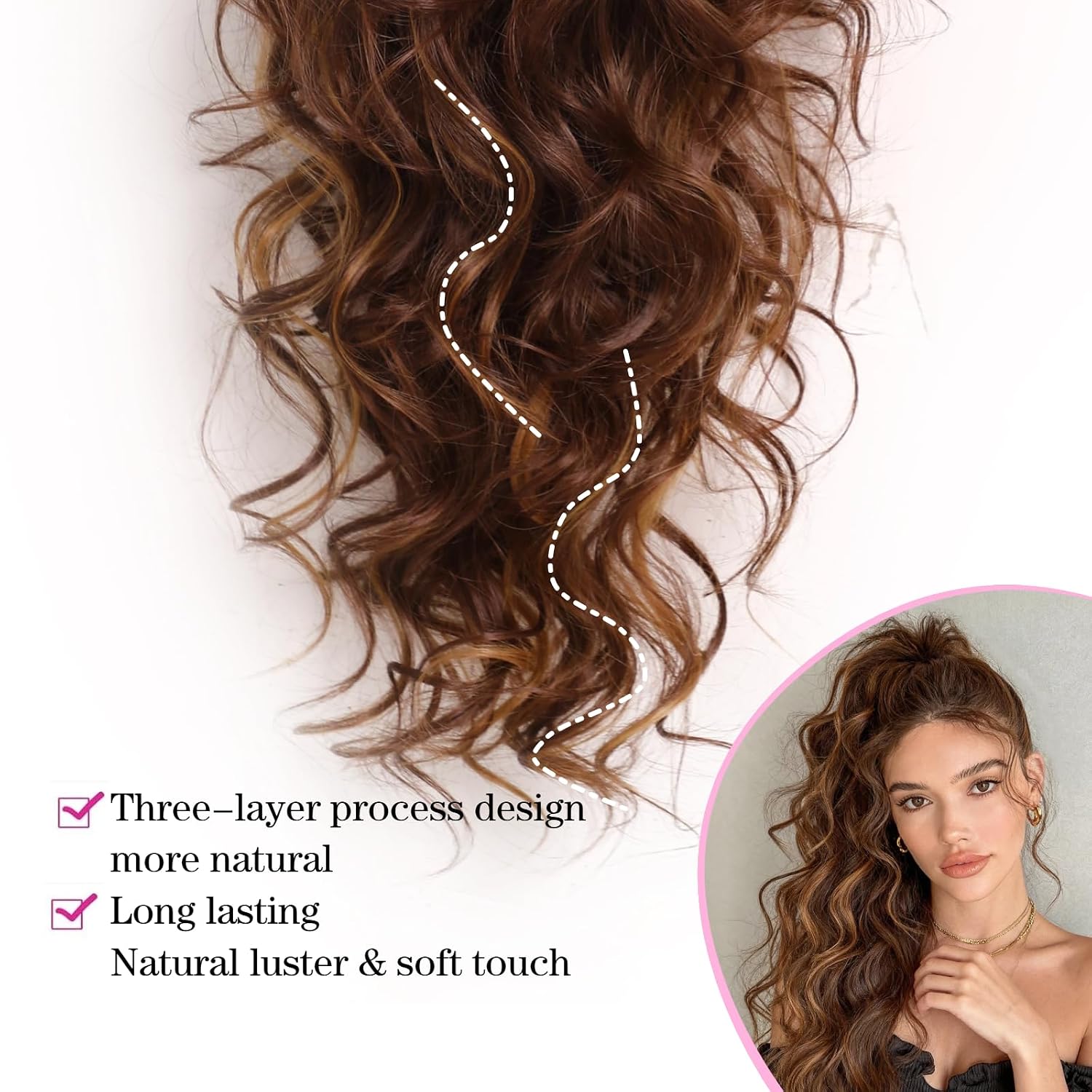 Wavy Ponytail Extension Synthetic Hair Piece 26 Inch Claw Clip | Clip in Pony Tail Hairpiece Faux Pony Tail Drawstring Ponytail Fake Hair Extensions for Women Brown with Auburn Highlights