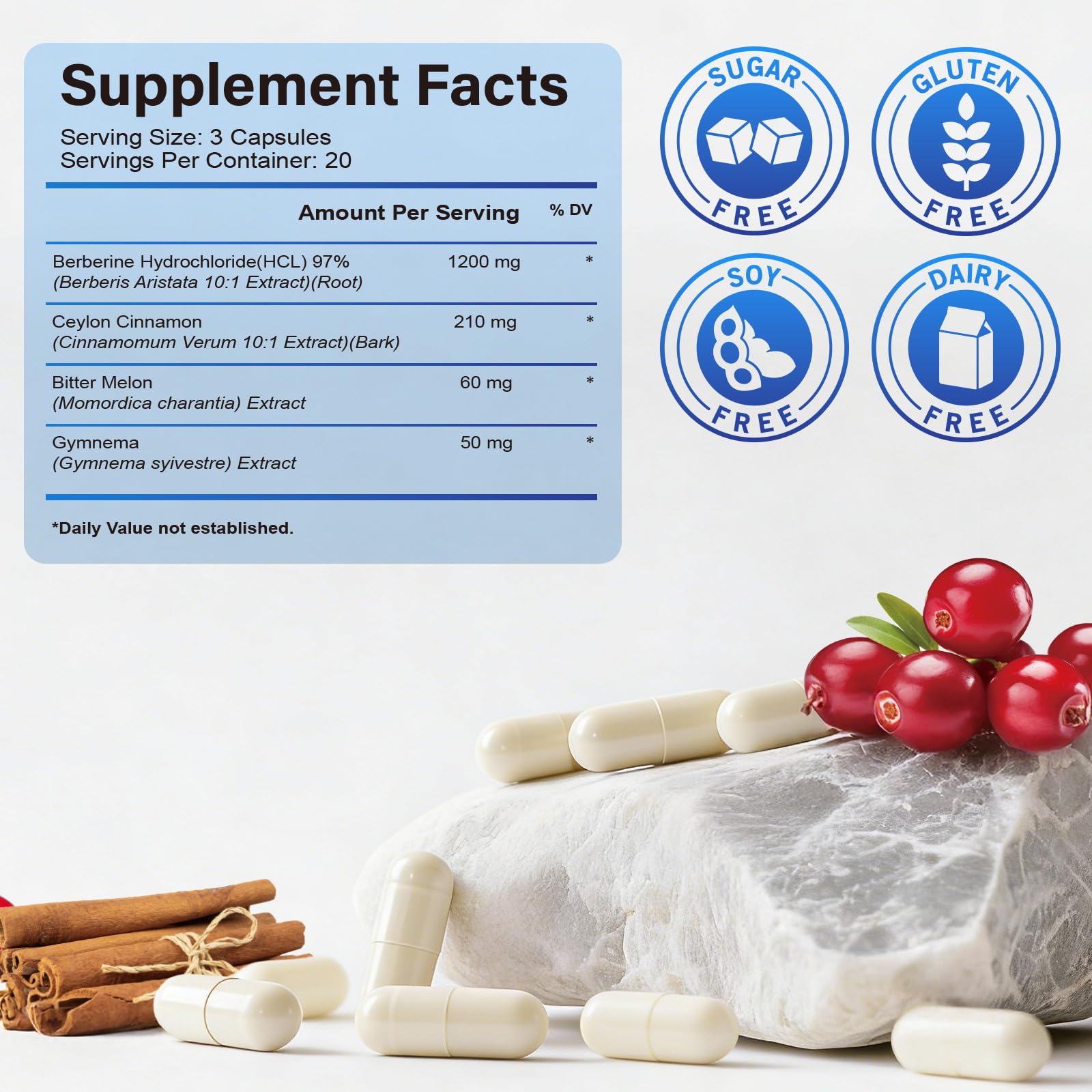 Berberine HCl 97% Purity Supplement with Ceylon Cinnamon Complex,60 Capsules — Amazon image 2